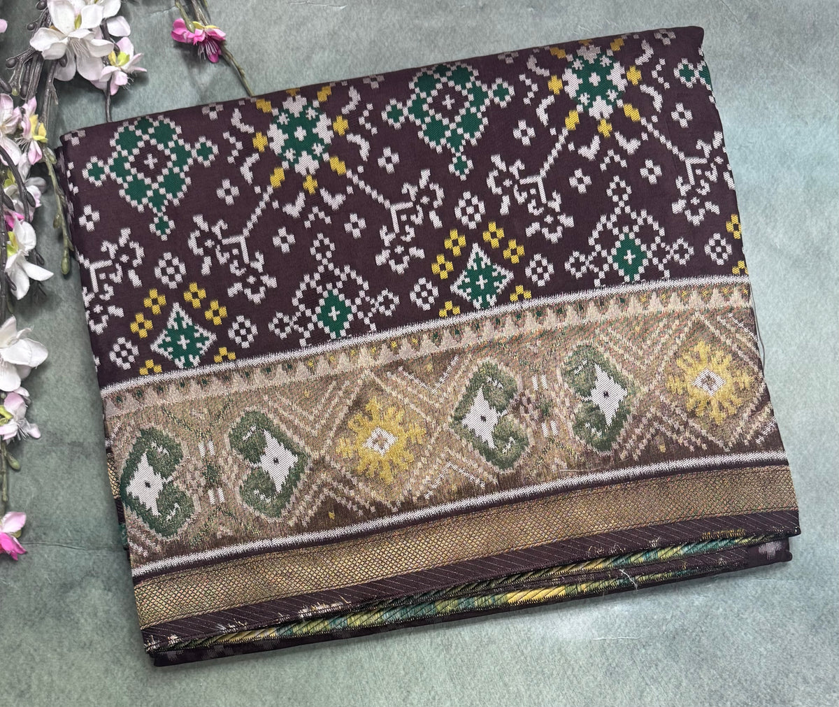 Dark brown small border semi patola saree 111