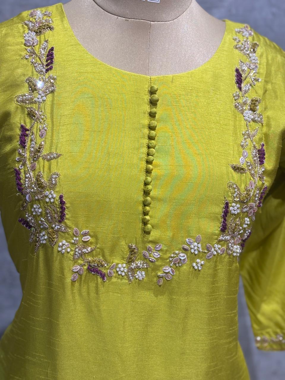 Green Dola Silk Handwork Straight Fit Kurtha 249