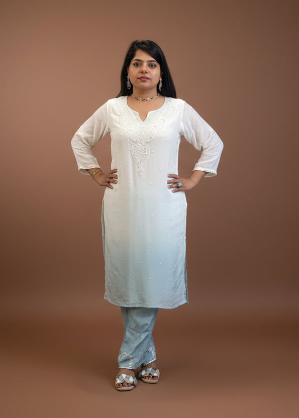 White nd Blue Chinnon Hand Embroidery Cord Set Kurtha 487