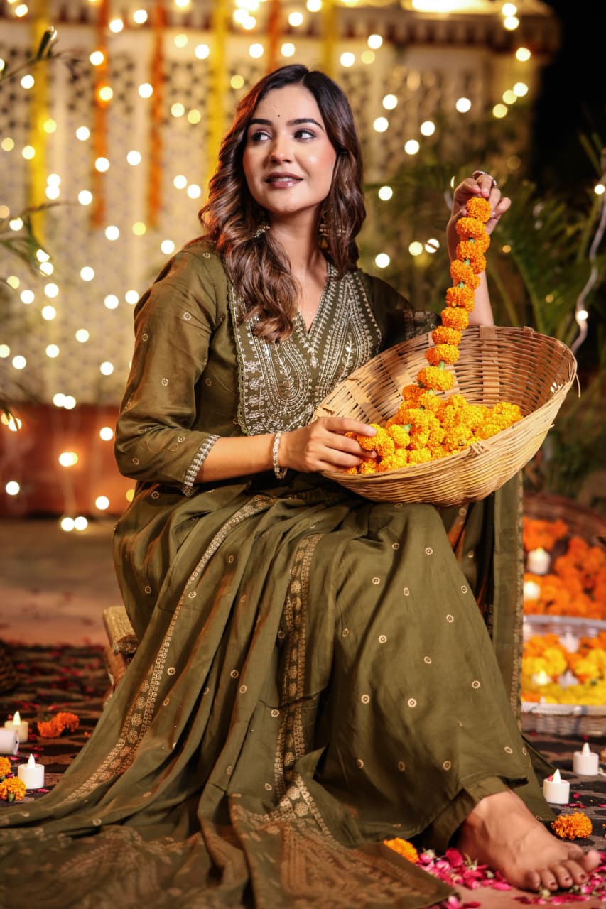 Green Cotton Hand Embroidery Airline Kurtha 677