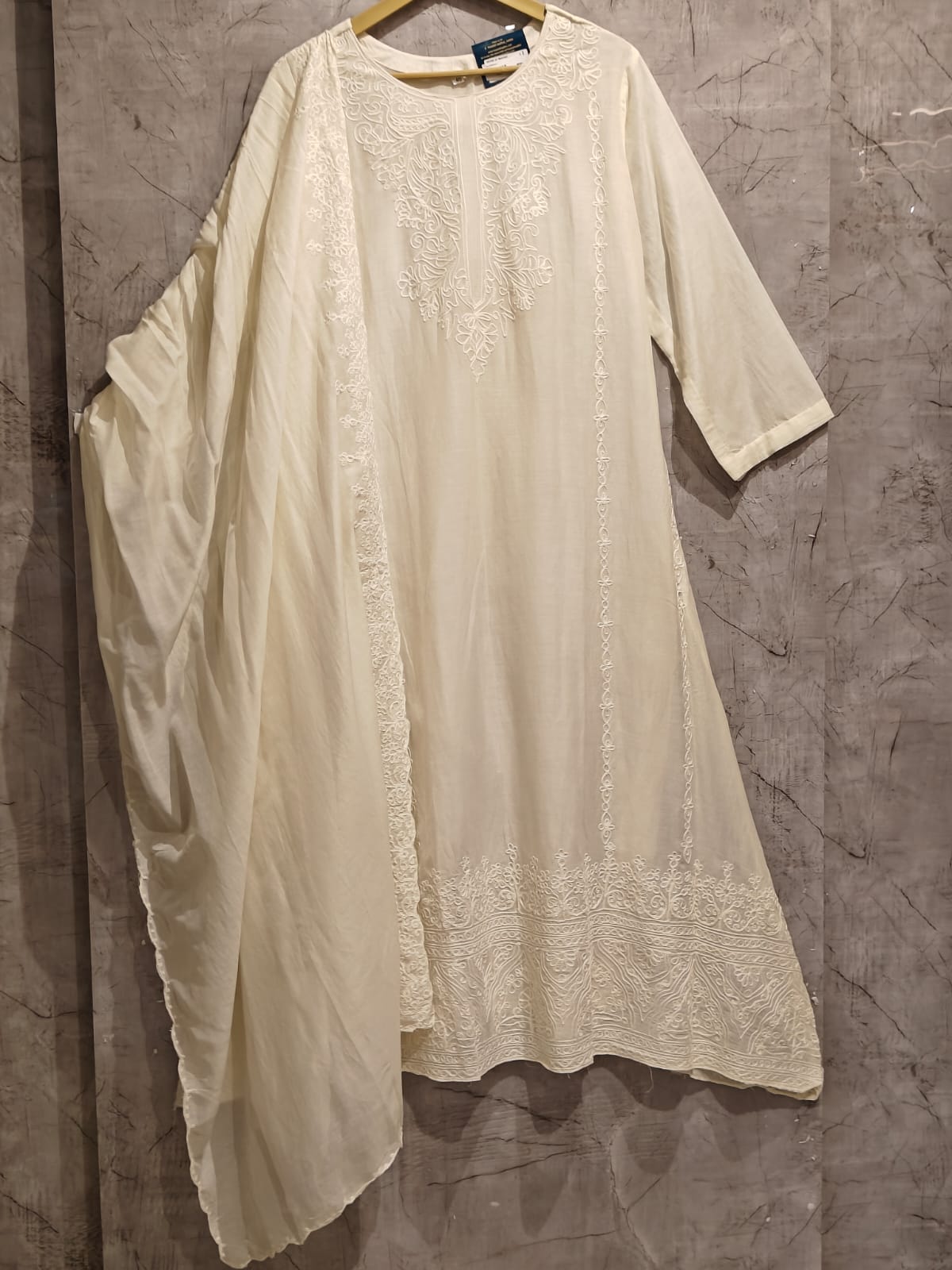 "WHITE" cotton thread embroidery Anarkali set