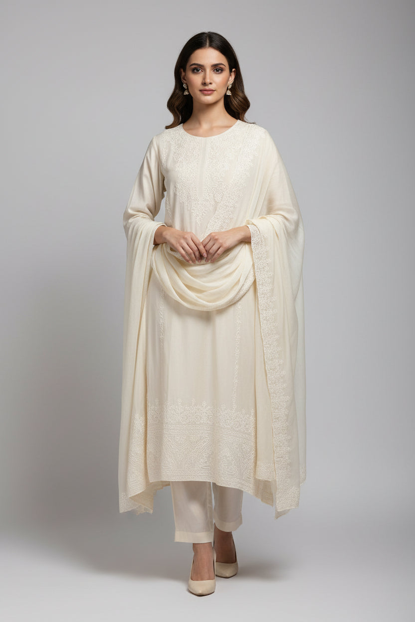 "WHITE" cotton thread embroidery Anarkali set