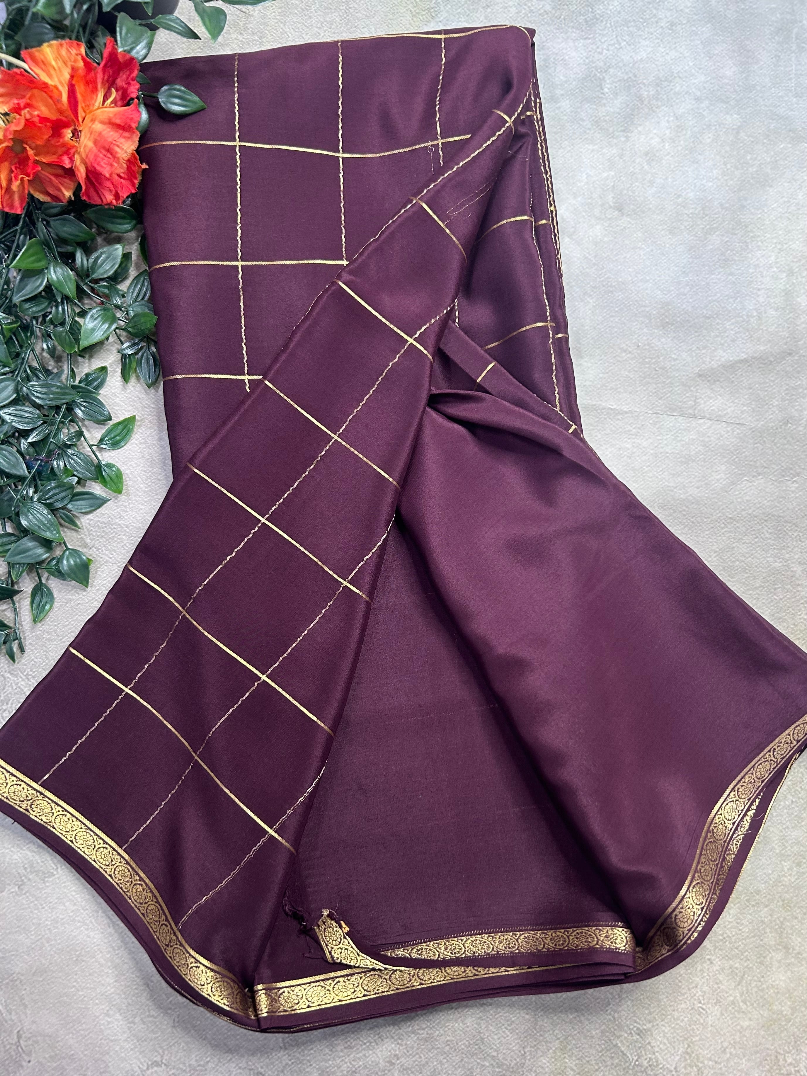 Brown big checks pure Mysore silk 106 saree