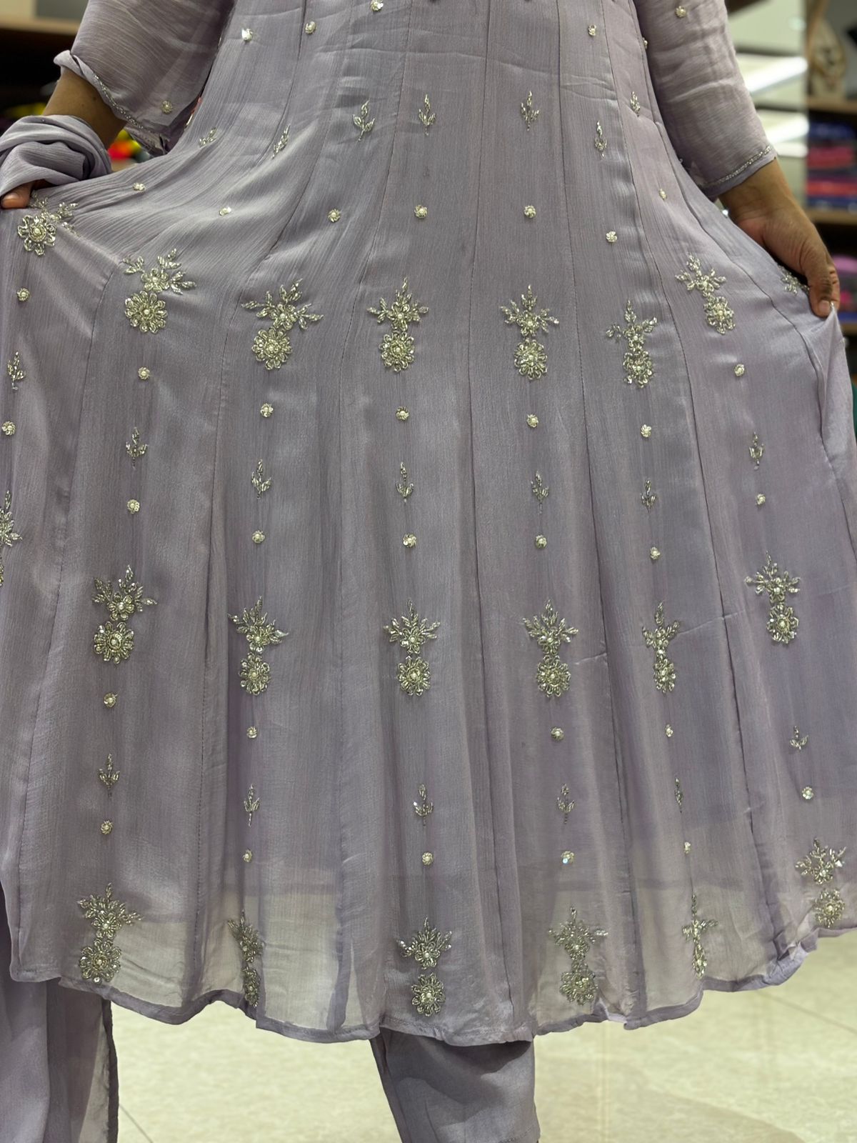 Lawnder Anarkali chinnon handwork party ware Kurtha 567
