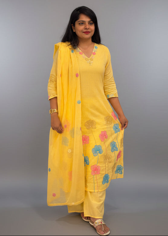 Yellow Mul Cotton Hand Embroidery Airline Kurtha 203