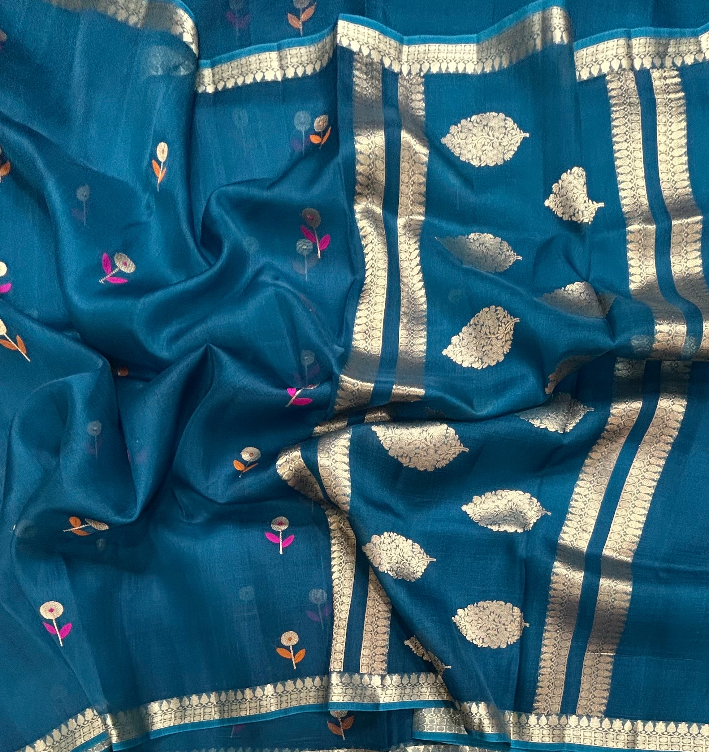 Peacock blue pure kora 105 organza silk saree