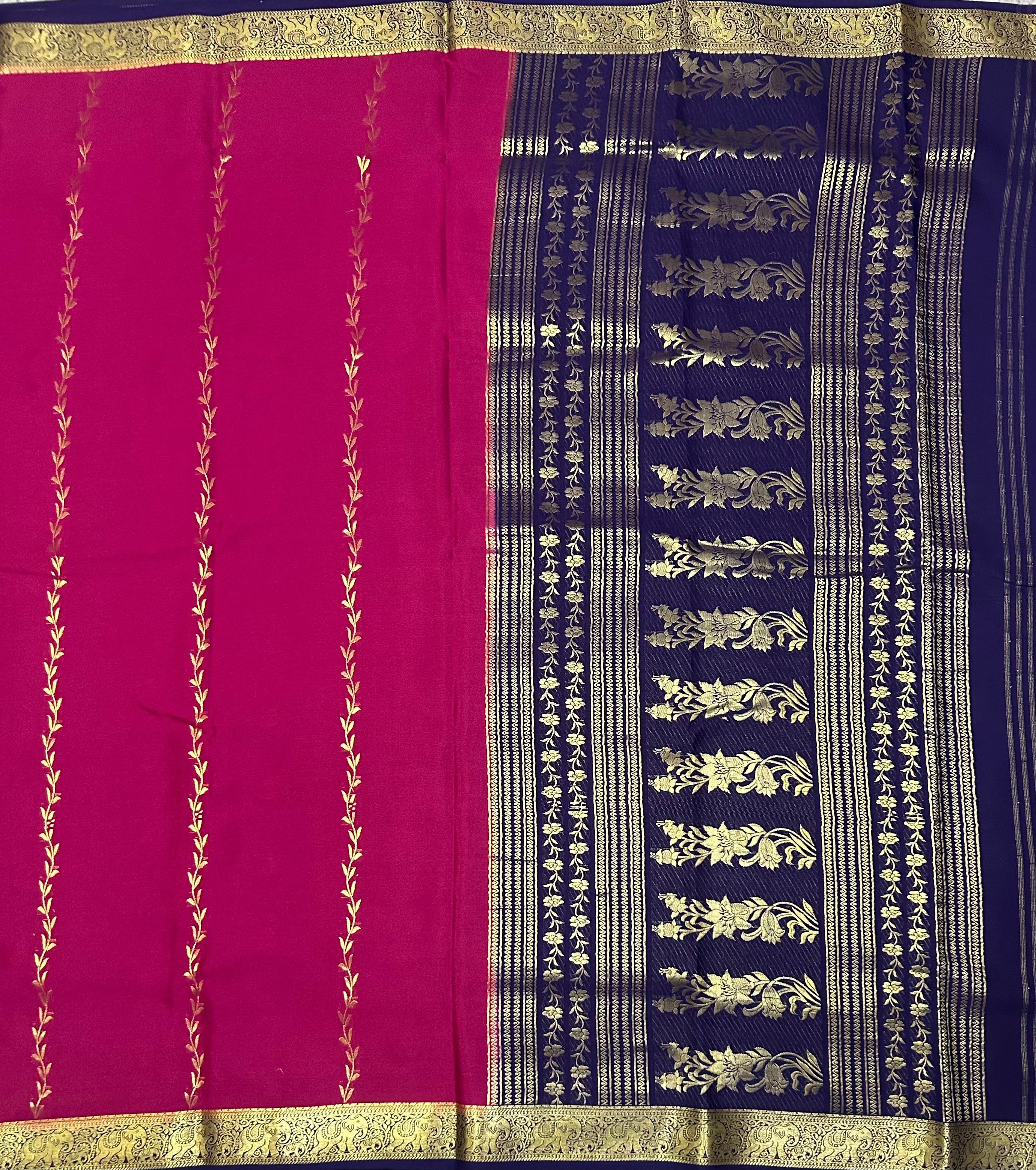 Pink n navy blue partly pallu Pure Mysore silk crepe 103 Saree