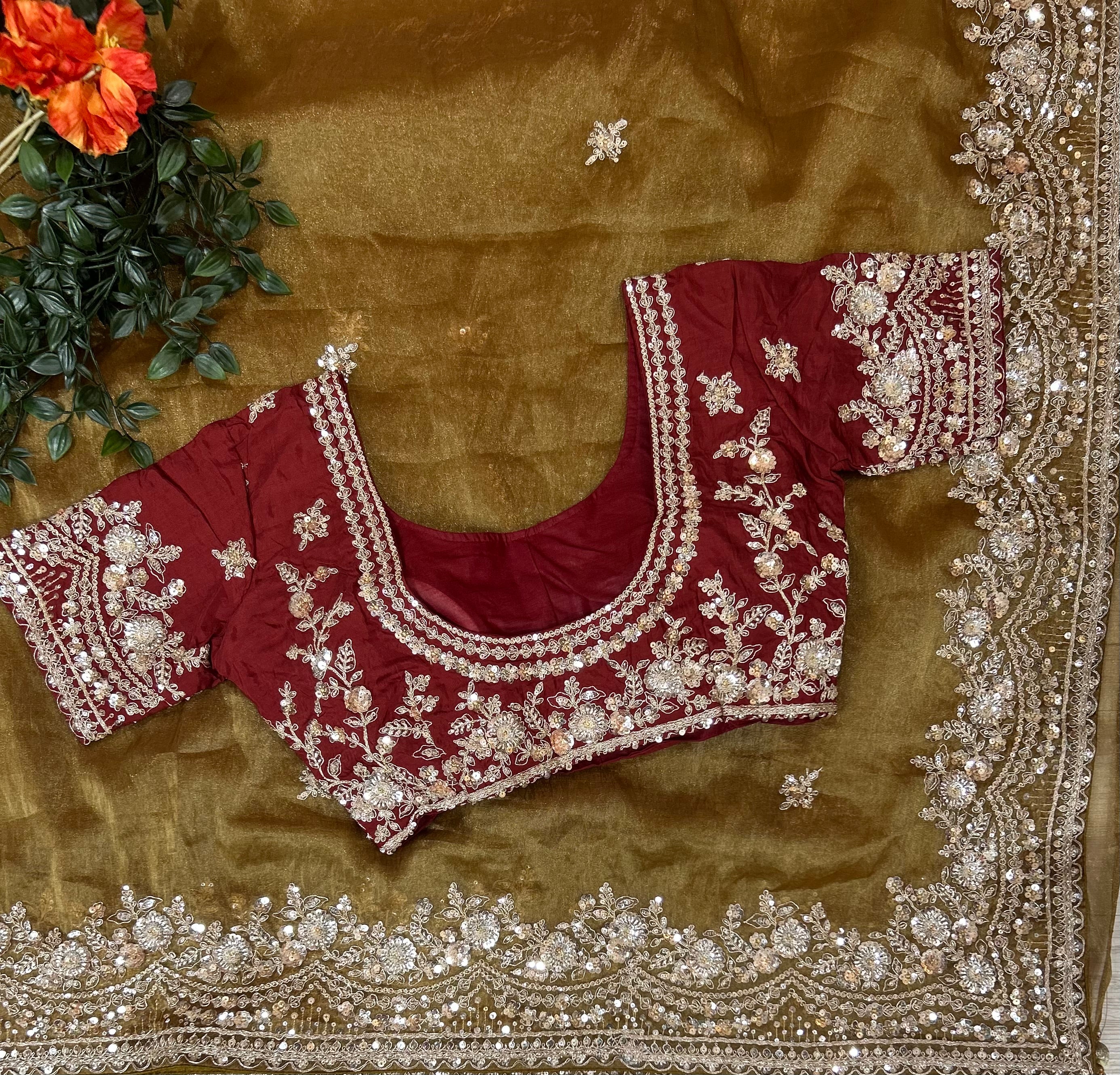 Pastel brown small Butta party wear with stitched blouse-10 saree