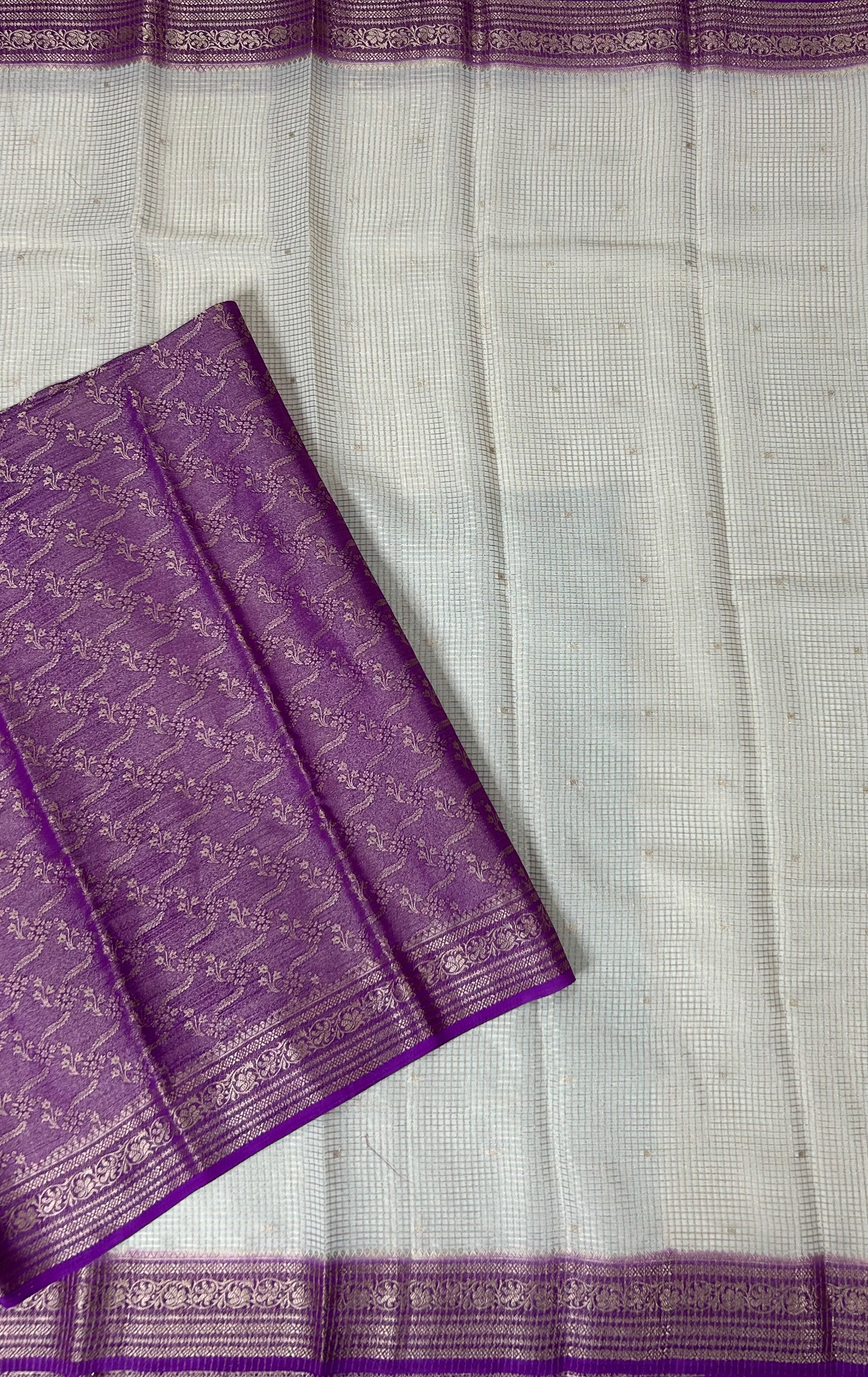 Cream small checks semi mysore crepe-12 saree