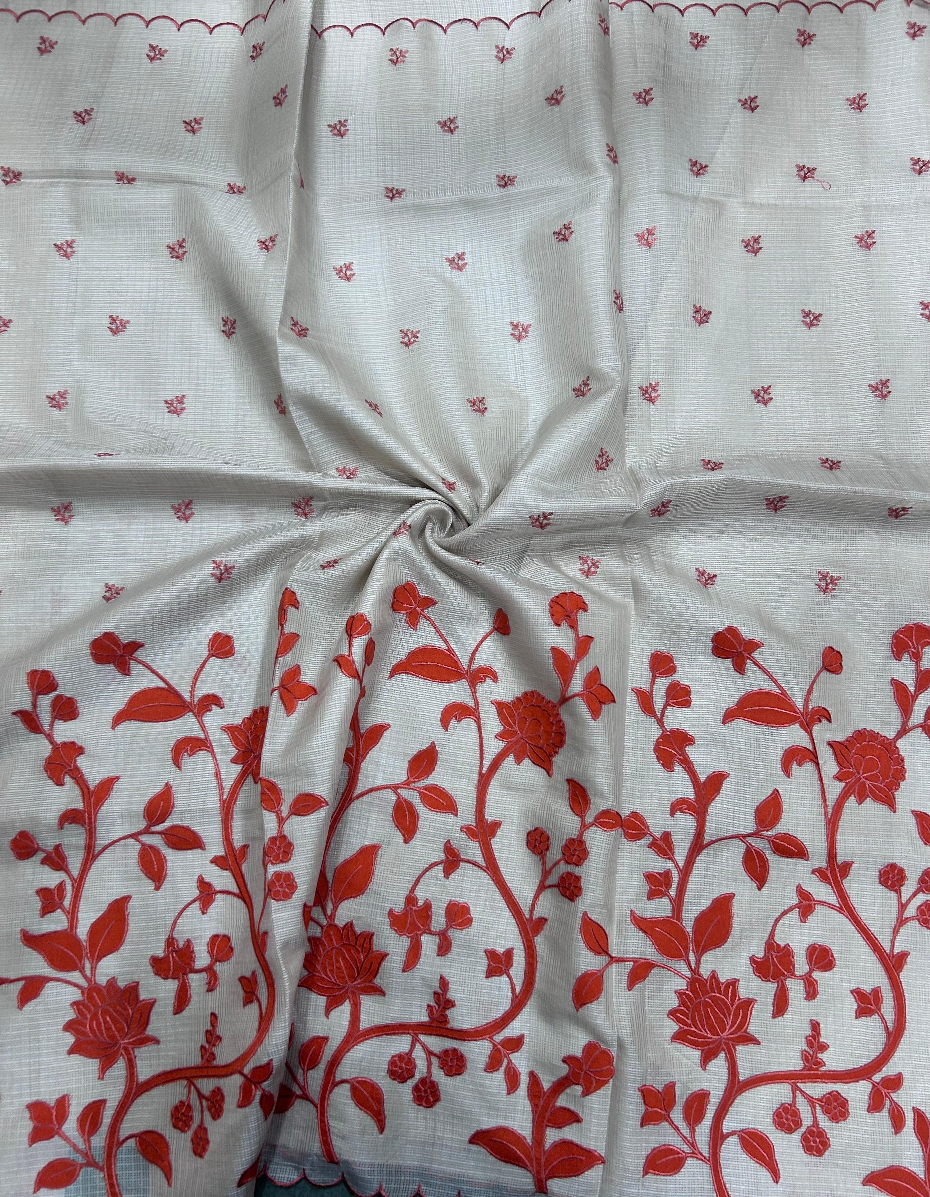 Cream scallop border orange embroidery work Kota check 106 Saree