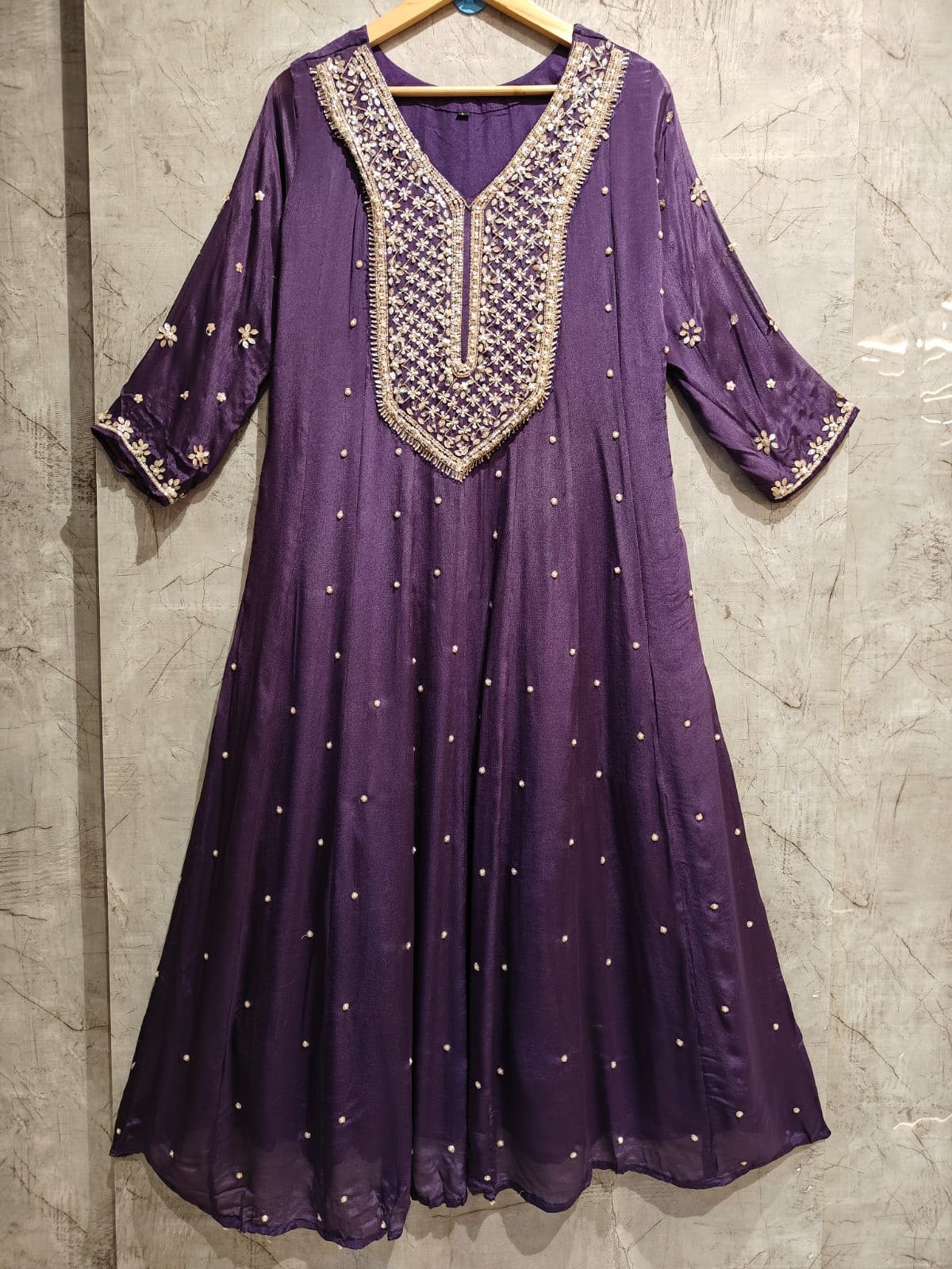 Dark Lilac Anarkali chinnon handwork party ware Kurtha 567