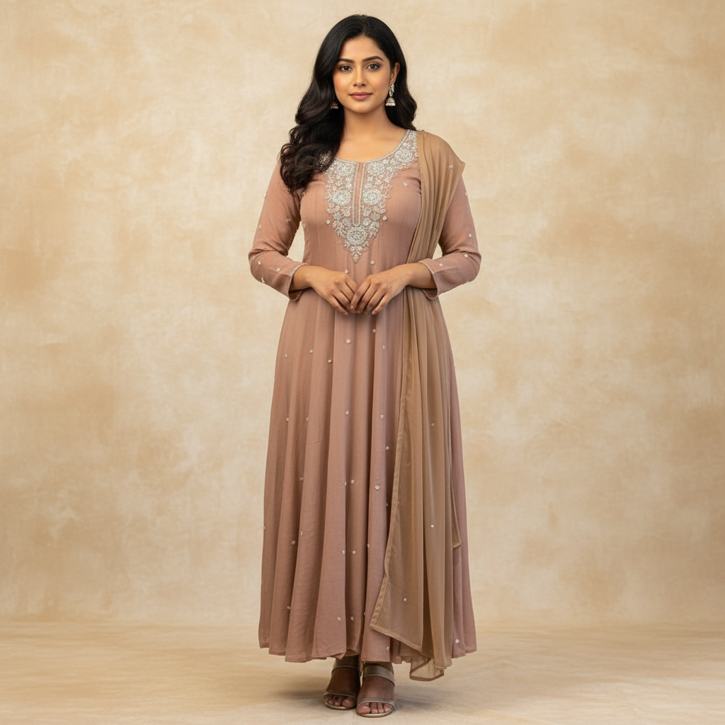 Beige Anarkali Chinnon Hand Embroidery Kurtha 567