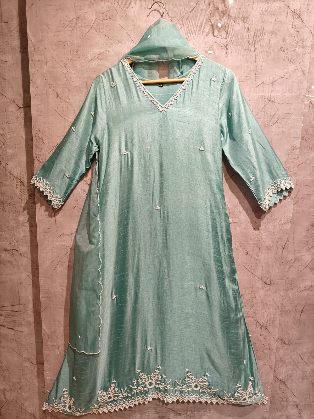 Sky blue Dola silk  Airline Pastel Kurtha with Pearl handwork embroidery work 511
