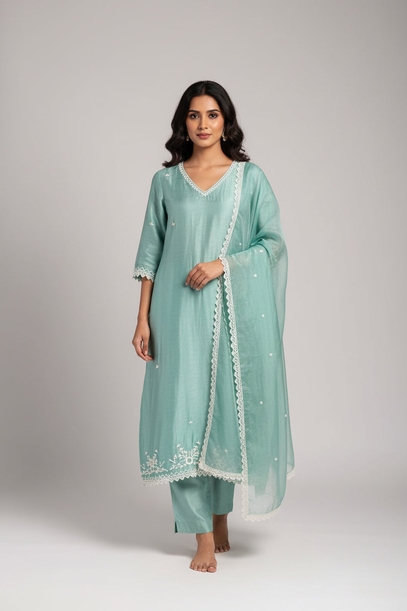 Sky blue Dola silk  Airline Pastel Kurtha with Pearl handwork embroidery work 511