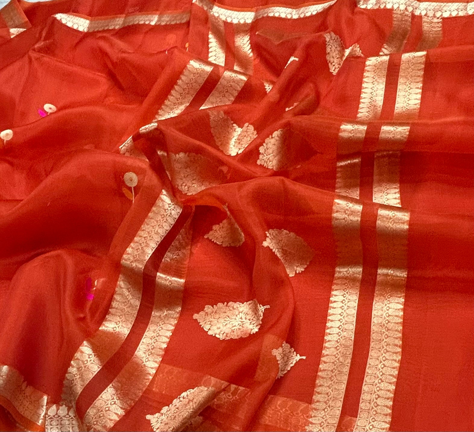 Orange pure kora 105 organza silk saree