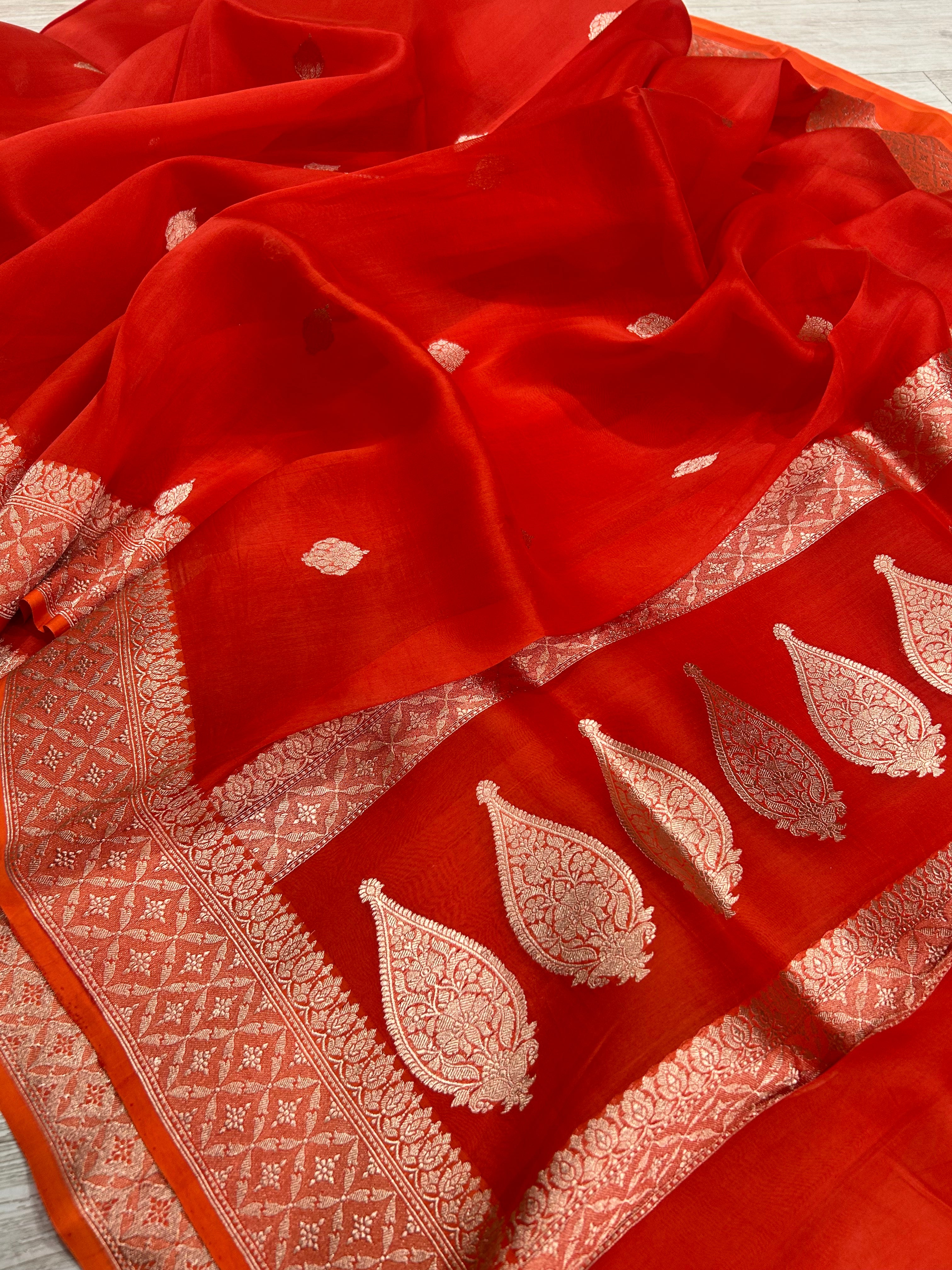 Orange pure kora 105 organza silk saree