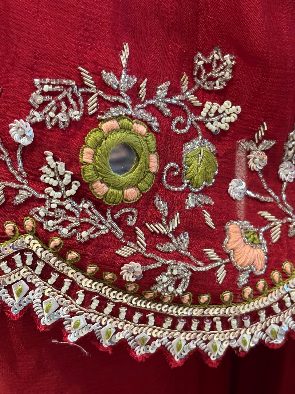 Red Chinnon Hand Embroidery Sharara Kurtha 301