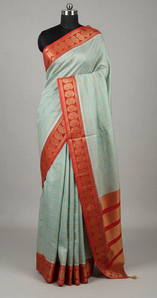 Sea green n red checks semi Mysore crepe saree SMS105