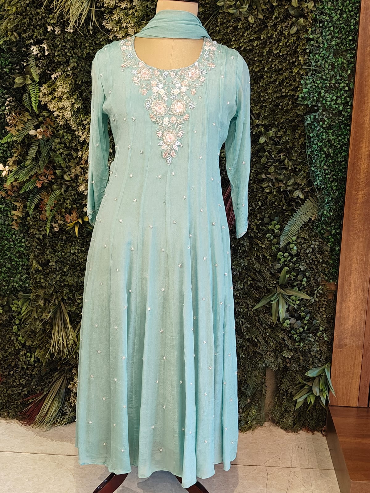 Blue Anarkali chinnon handwork party ware Kurtha 567