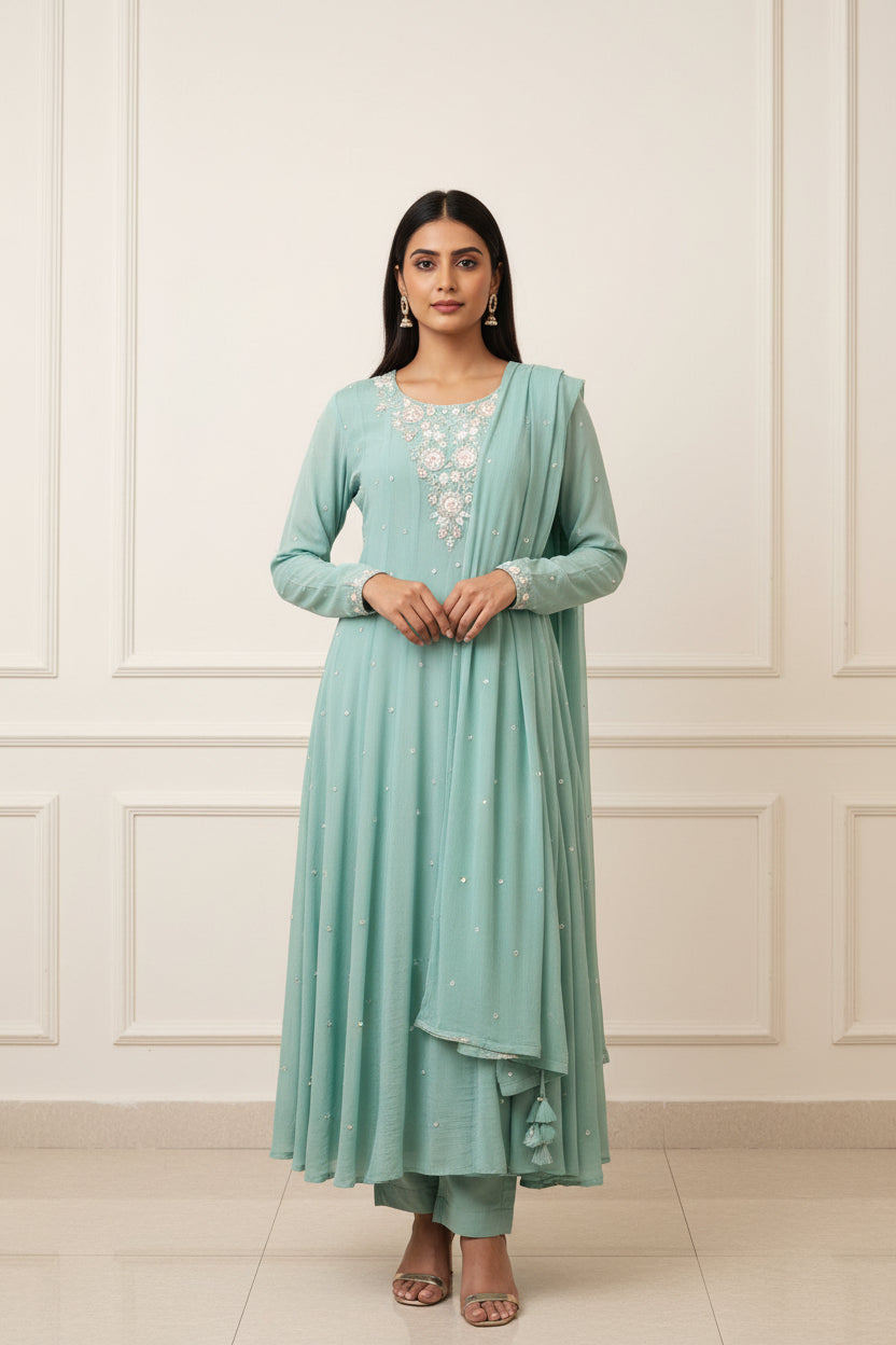 Blue Anarkali chinnon handwork party ware Kurtha 567
