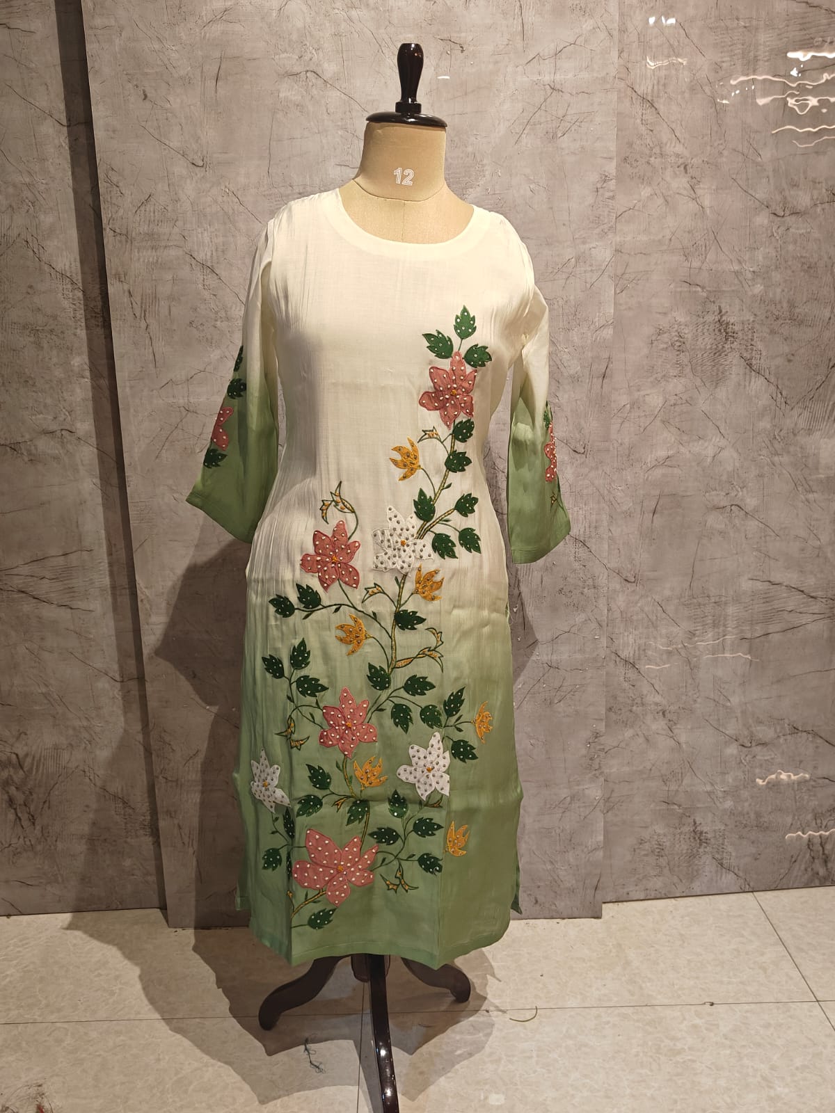 White and Green Dola Thread Embroiedry Straight Fit Kurtha 431