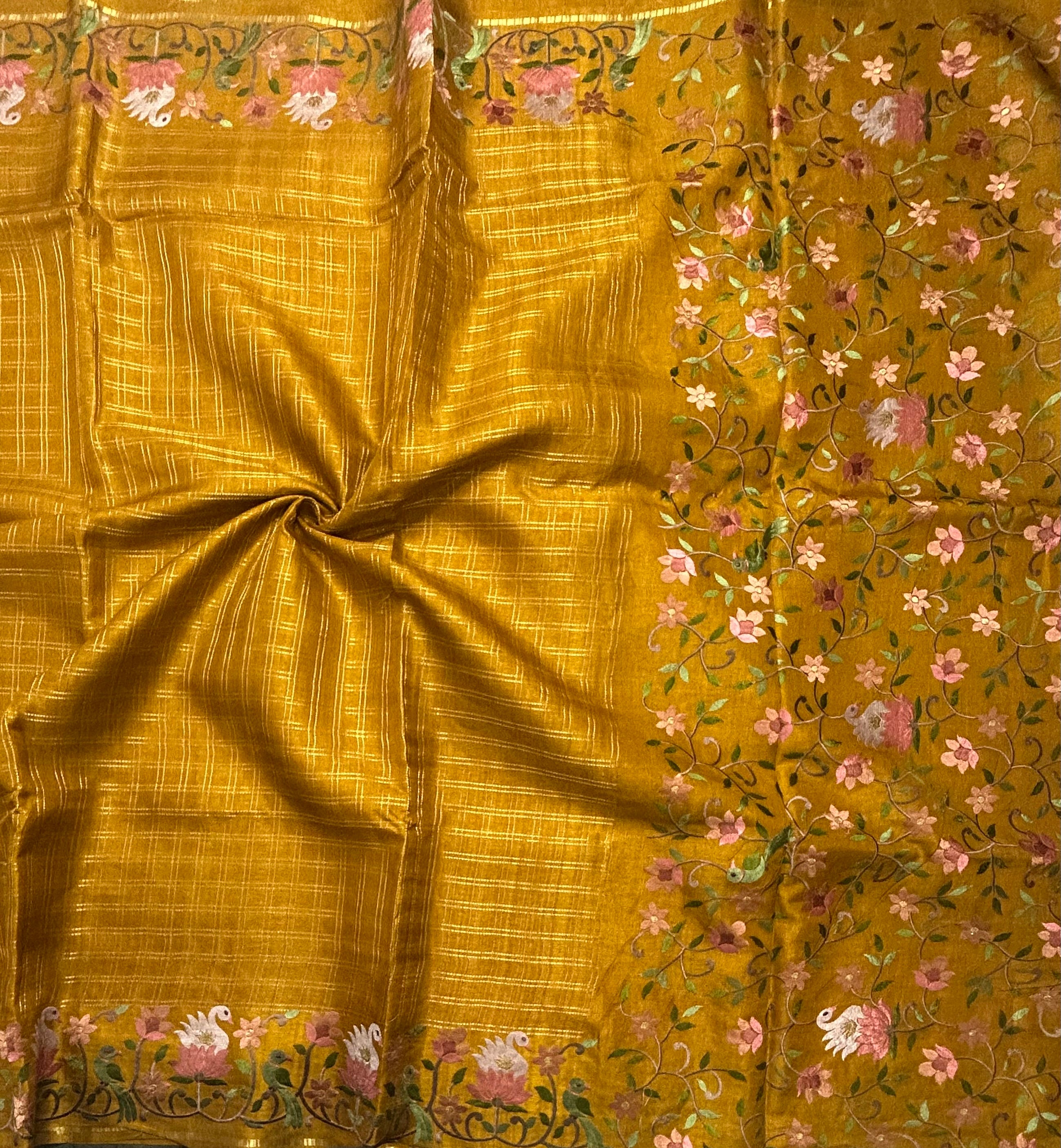 Mustard yellow checks embroidery border semi Tussar 105 saree
