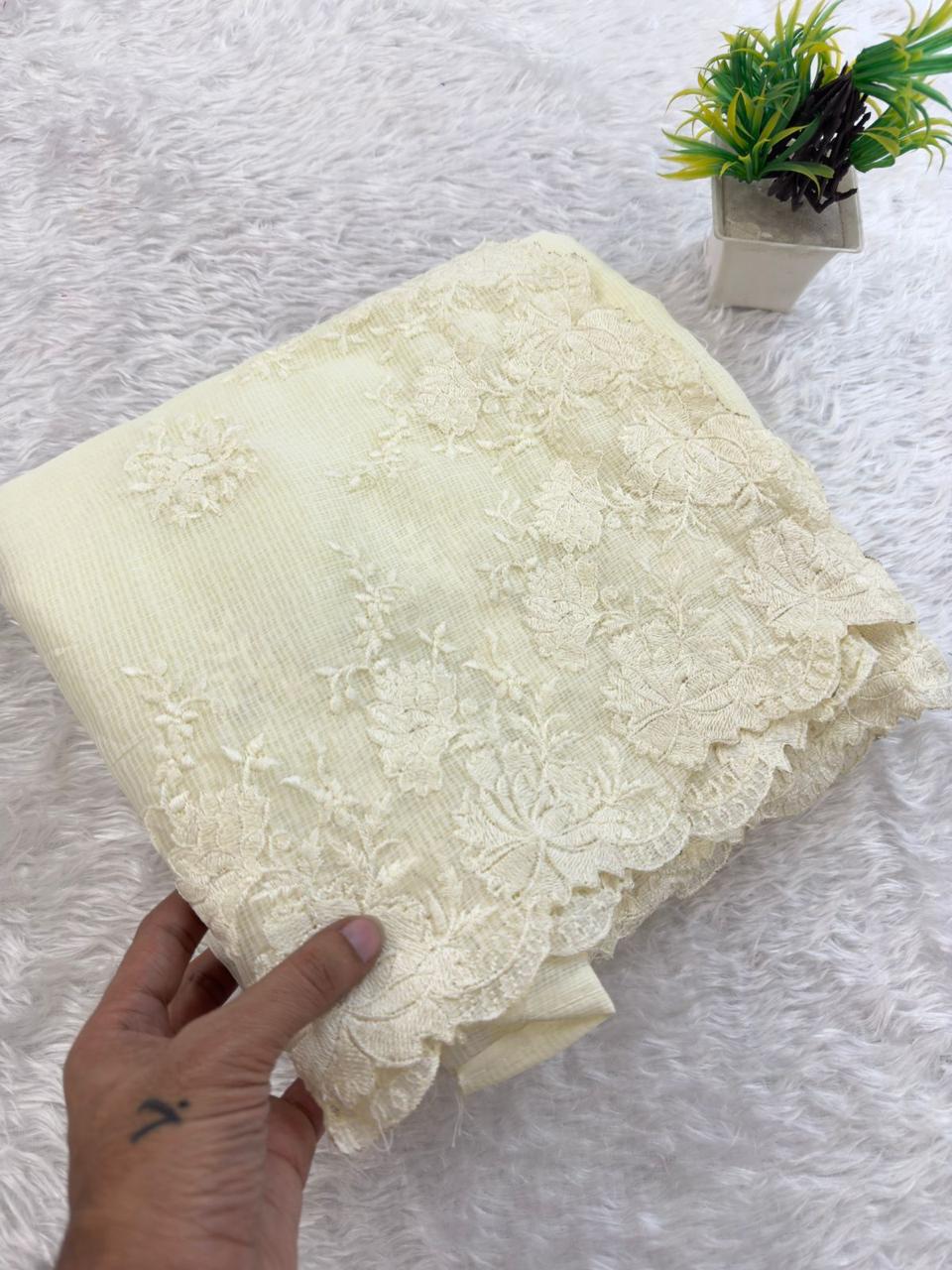 Cream embroidered kota checks party wear saree