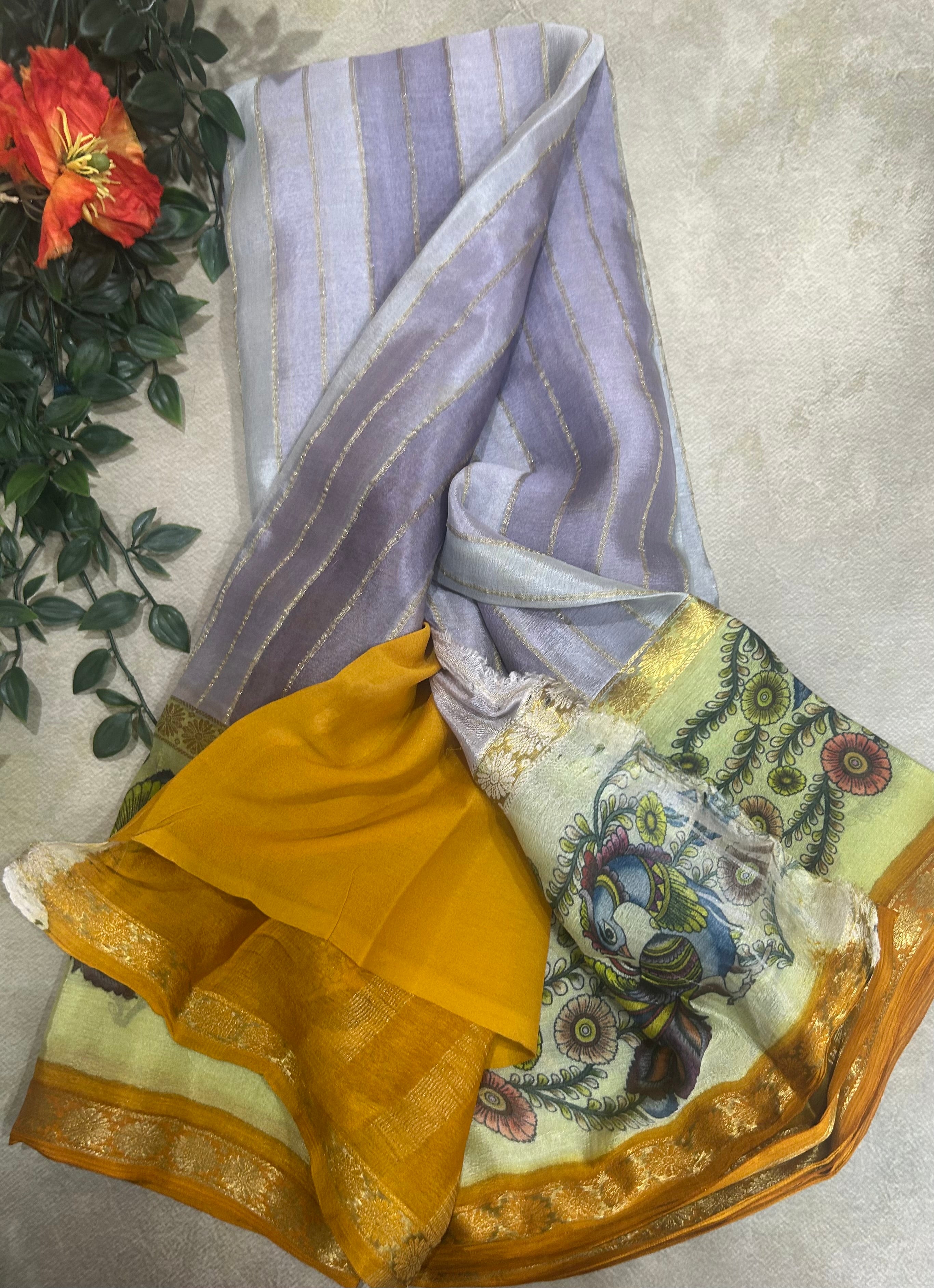 Rankart kalamkari border pure wrinkle 103 crepe silk saree