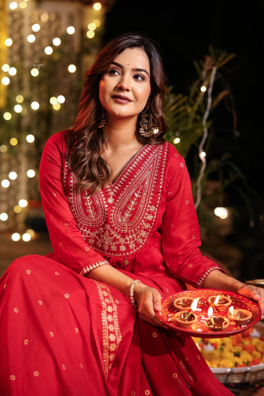 Red Cotton Hand Embroidery Airline Kurtha 677