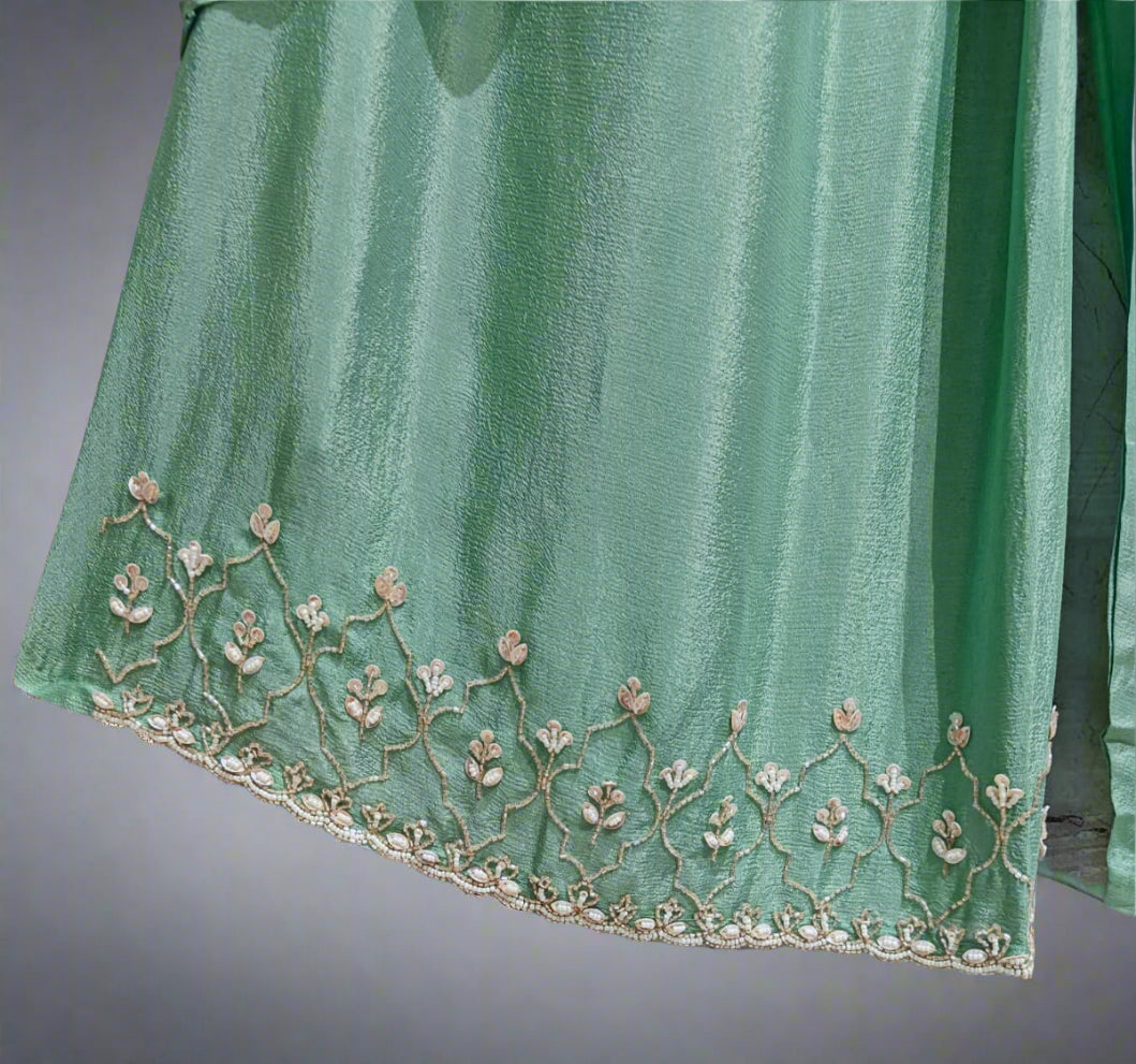 Pista Green Designer Kurtha Set with Handwork cape Jacket and Palzoo Pant 43