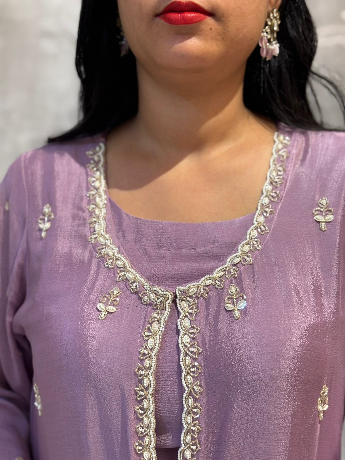 “Pari" Onion Pink Designer Kurtha 43 Set with Handwork Top, Palazoo and Jacket Indo-western capeh