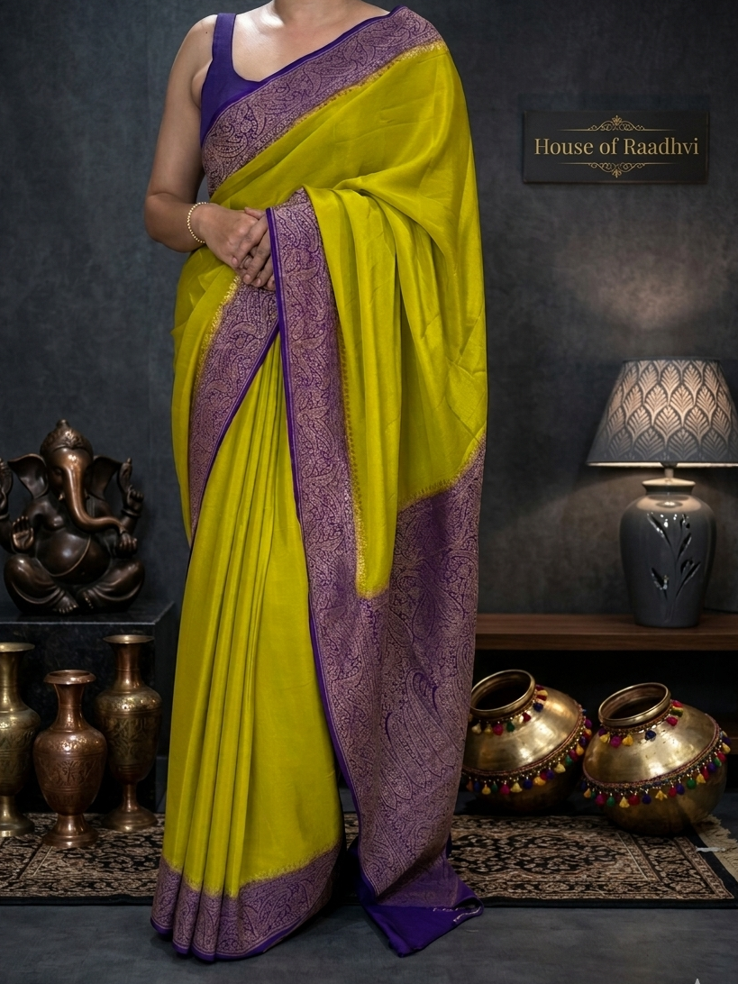 Neon green n purple pure Benarasi crepe 105 saree