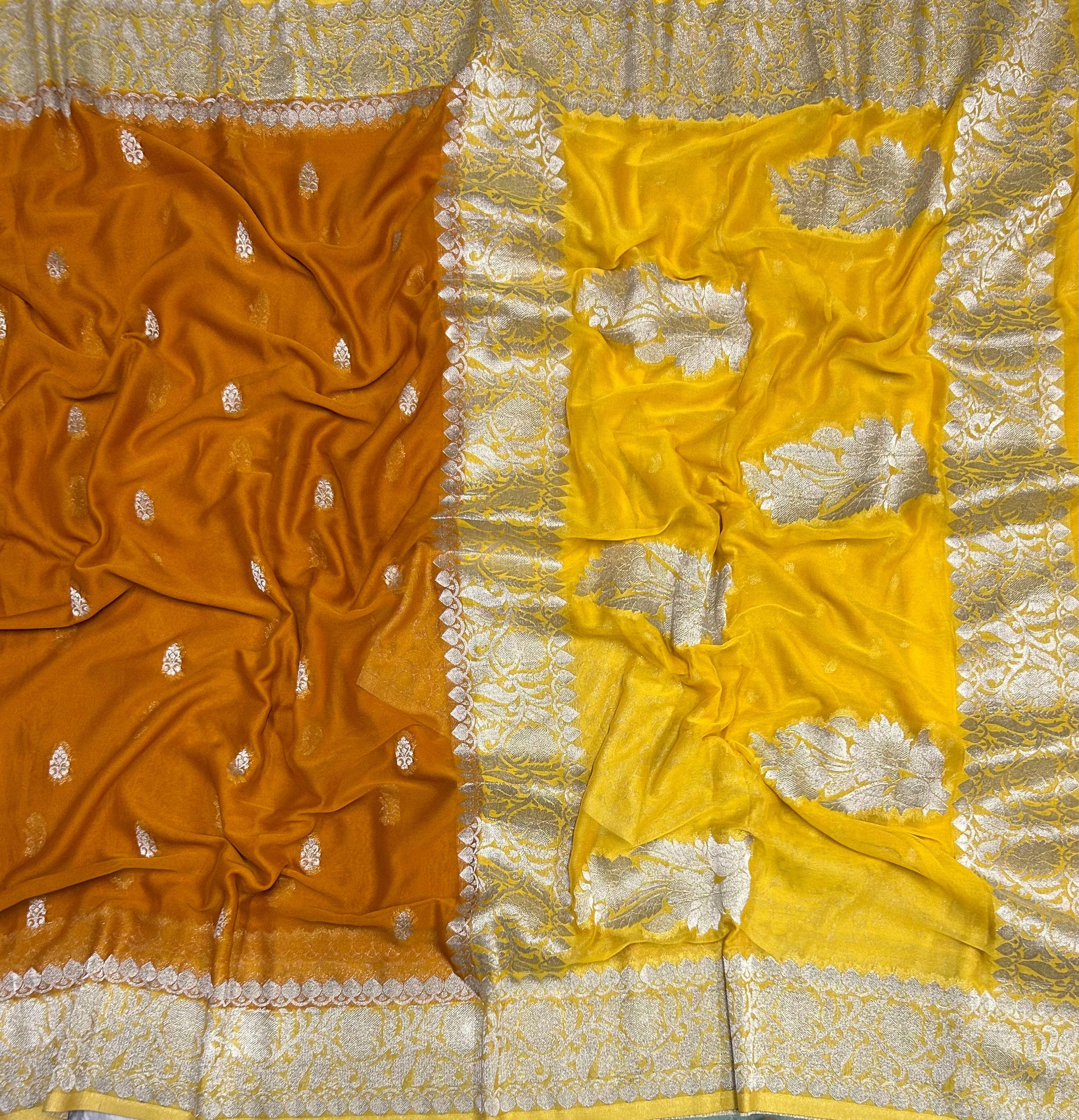 Mustard yellow small Butta semi chiffon Benarasi 105 saree