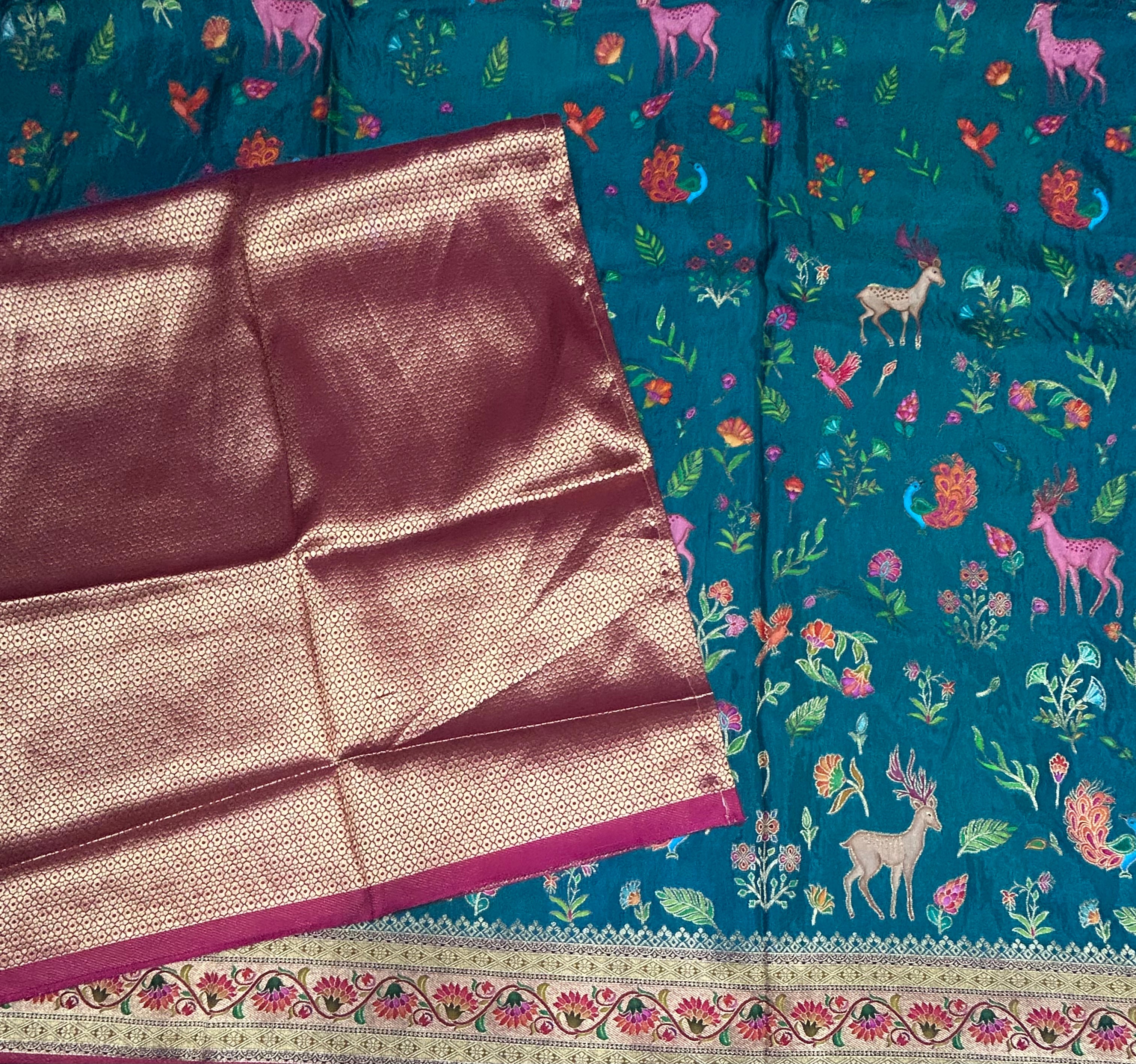 Rama green pashmina satin silk crepe 106 saree