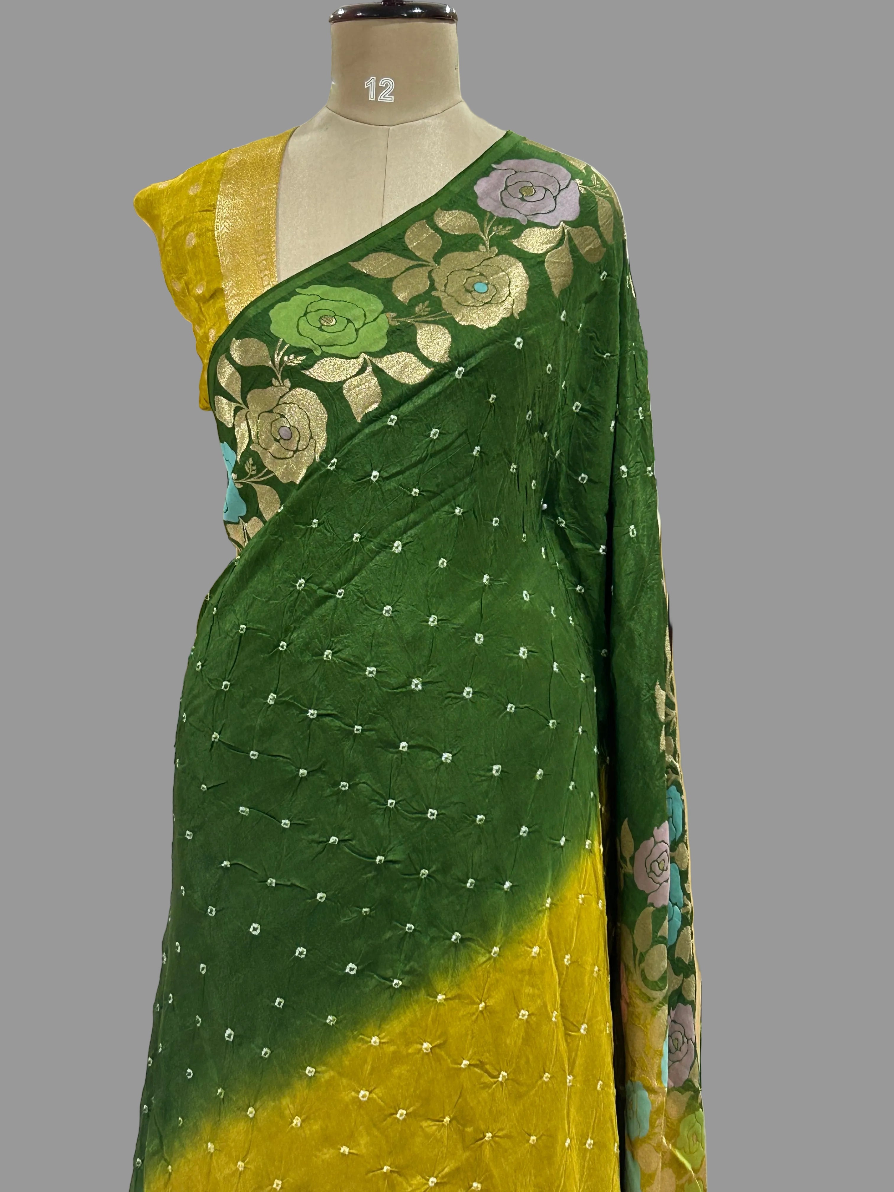 Green n yellow half n half Bandhini dola crepe 104 saree
