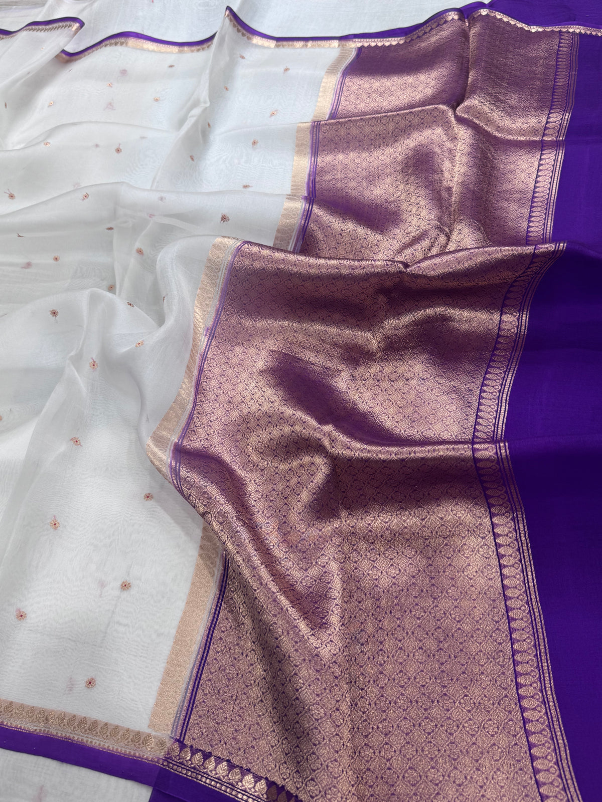White n purple pure Kora Organza Saree 111