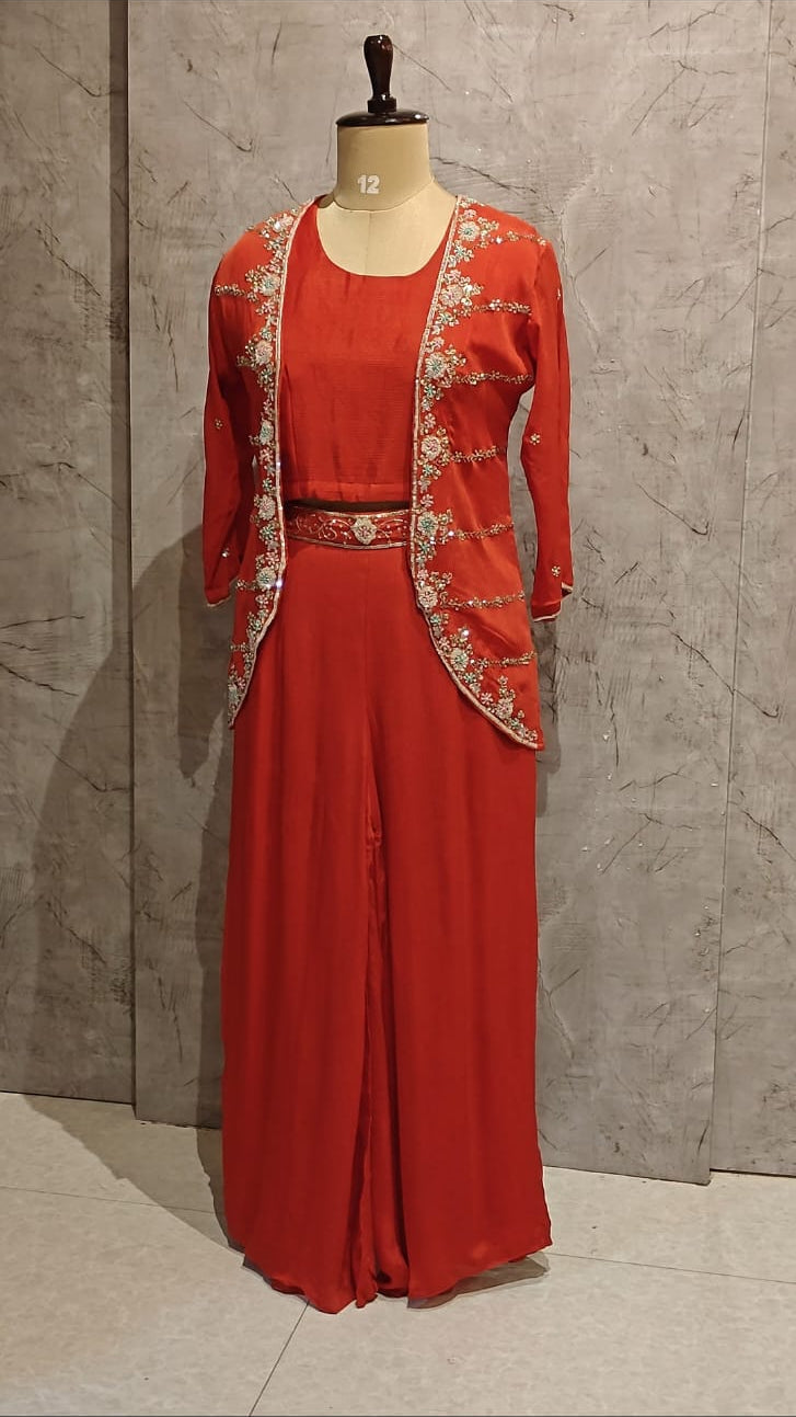 “Pari" Orange Designer Kurtha 43 Set with Handwork Top, Palazzo and Jacket Indo-western