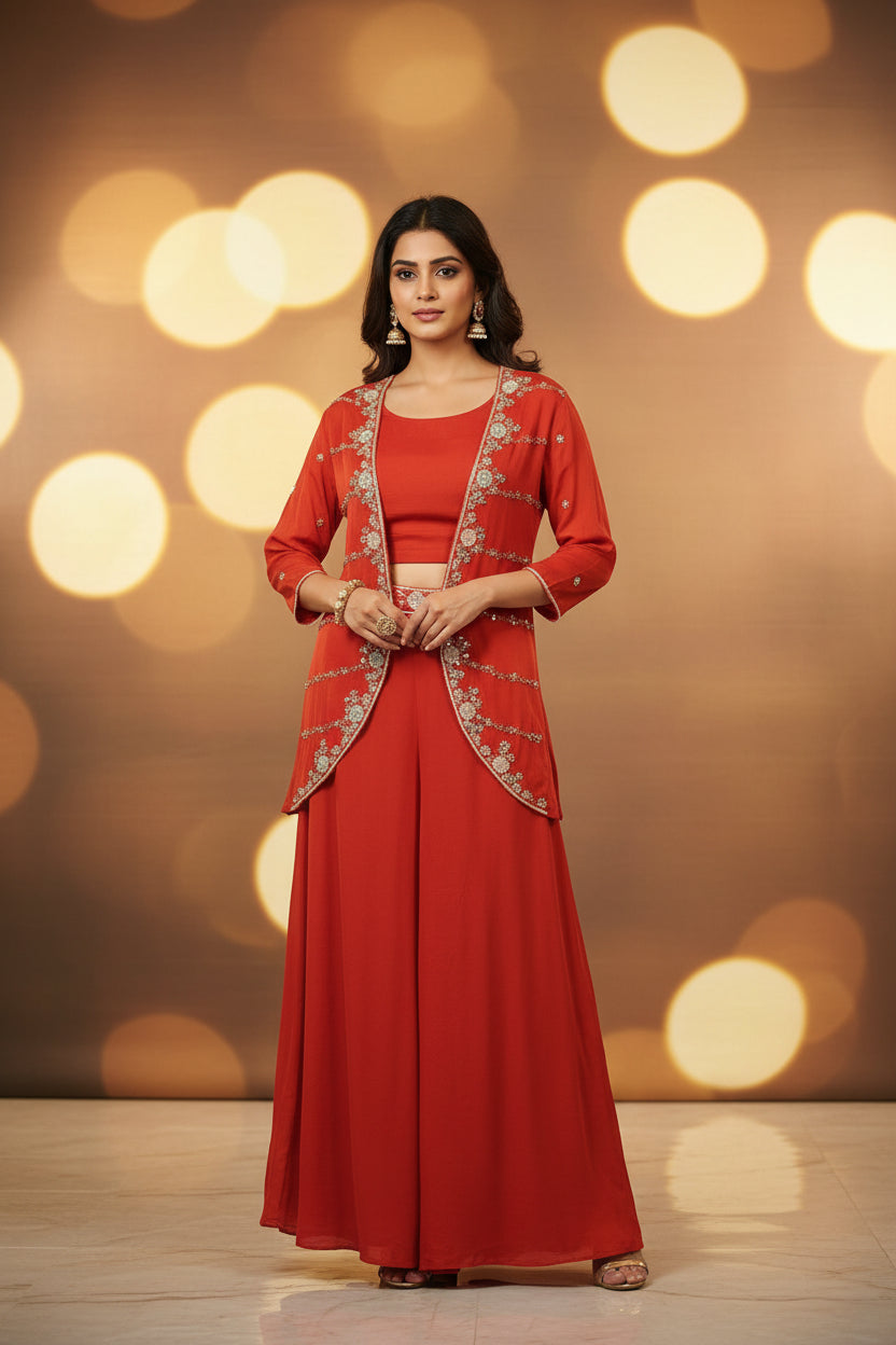 “Pari" Orange Designer Kurtha 43 Set with Handwork Top, Palazzo and Jacket Indo-western