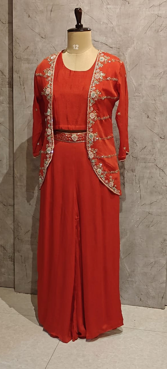“Pari" Orange Designer Kurtha 43 Set with Handwork Top, Palazzo and Jacket Indo-western