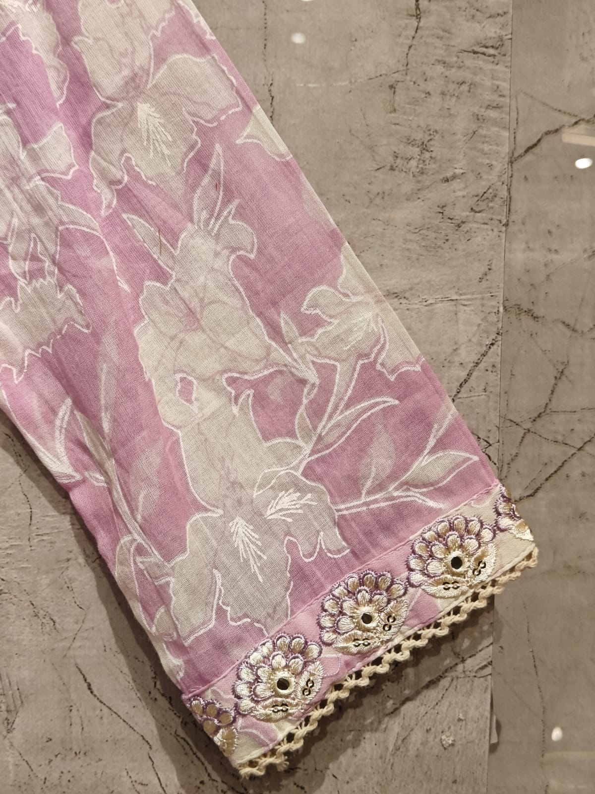 “Naya” Light Purple Mul Cotton 3pcs Kurtha suit with block prints and embroidery 242