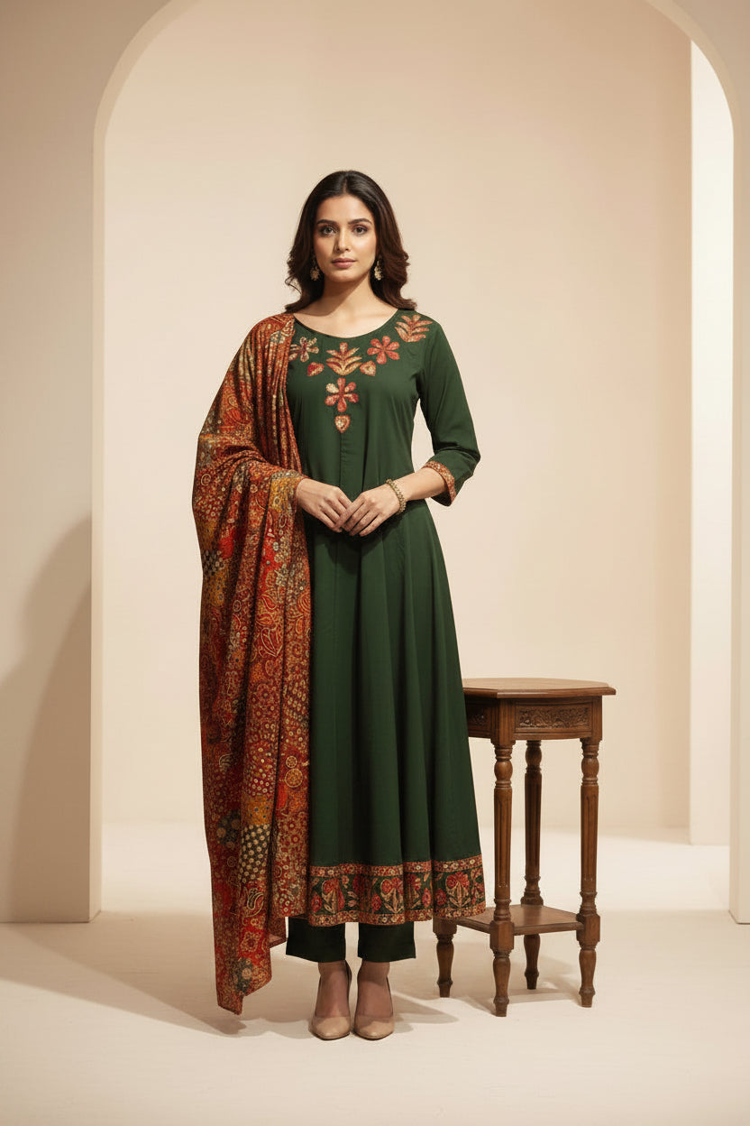Green Cotton Hand Embroidery A Line Kurtha 389
