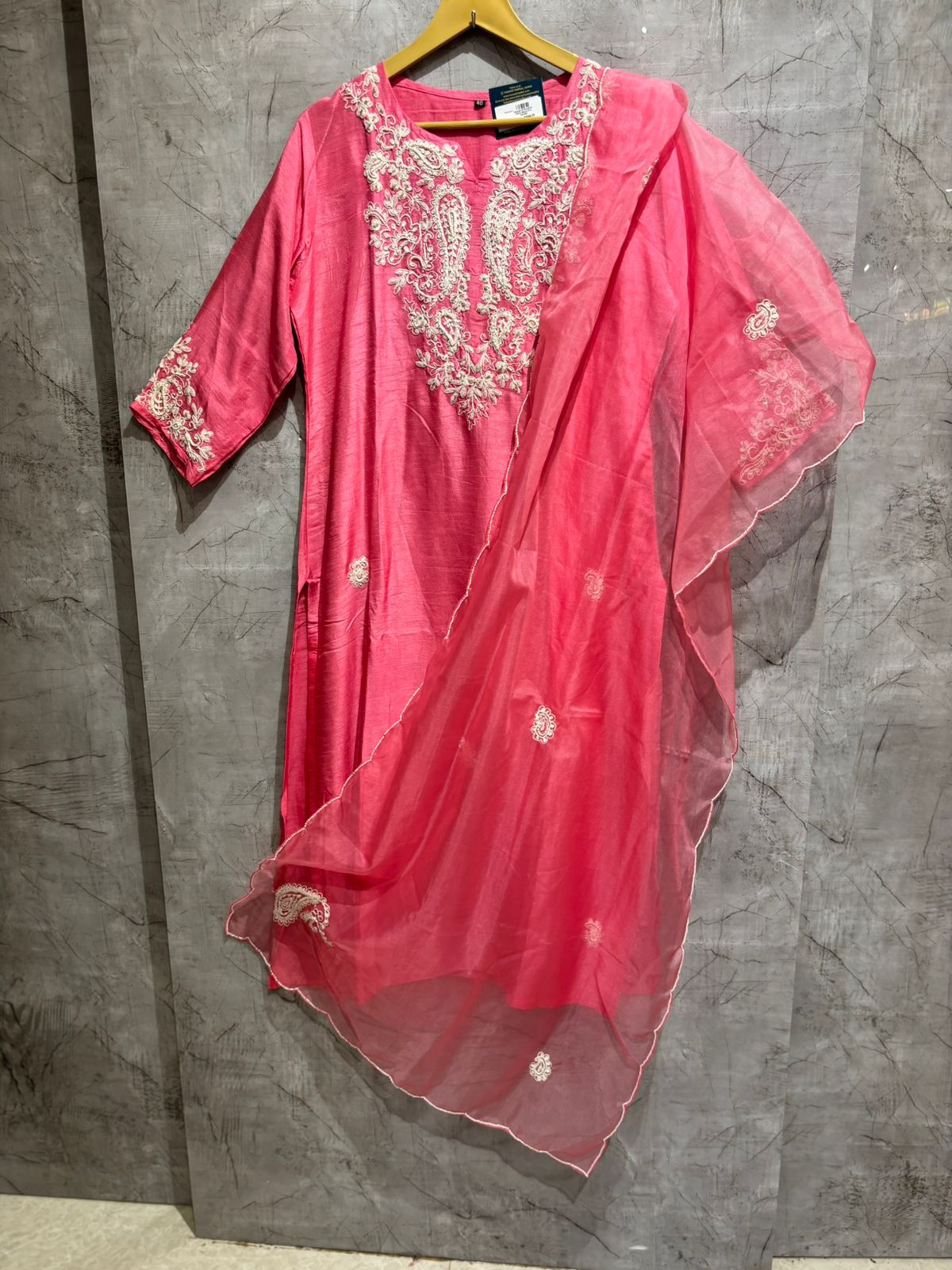 "Meera" Pink silk Kurtha suit with Pearl work