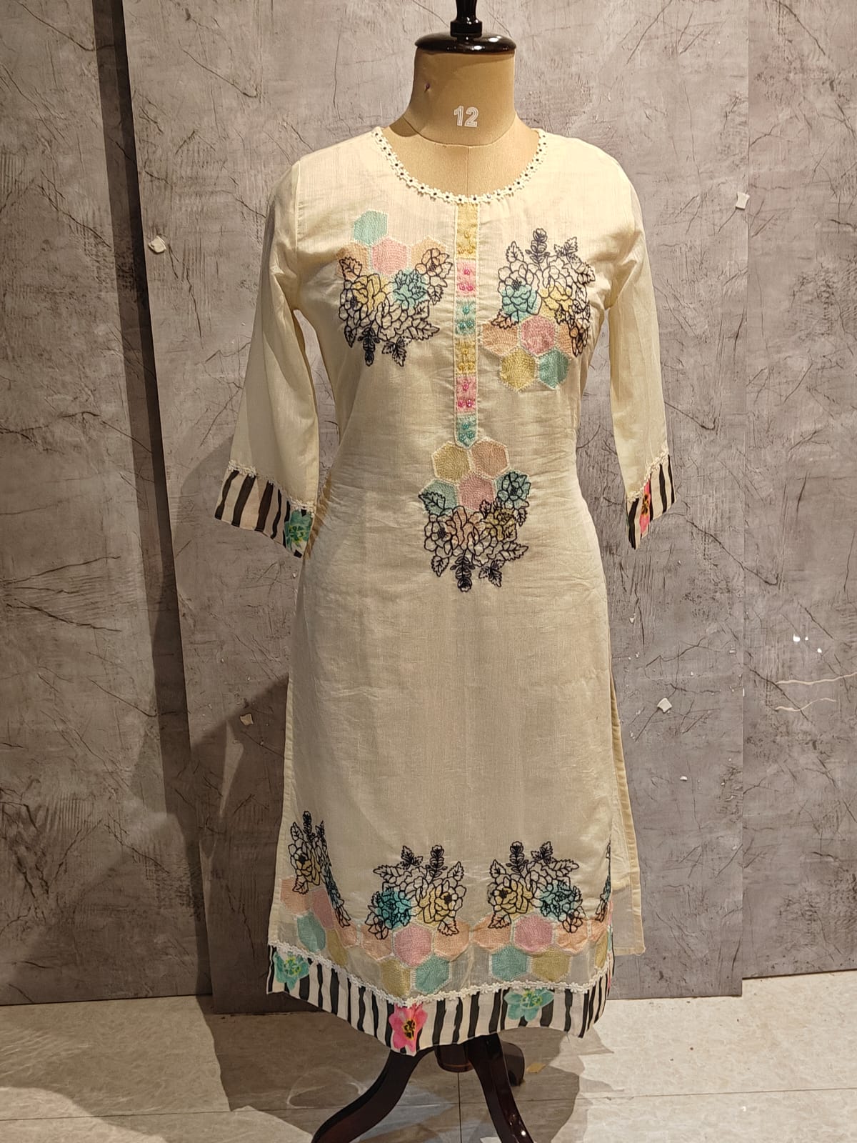 Cream Mul Chanderi Thread Embroidery A Line Kurtha 63