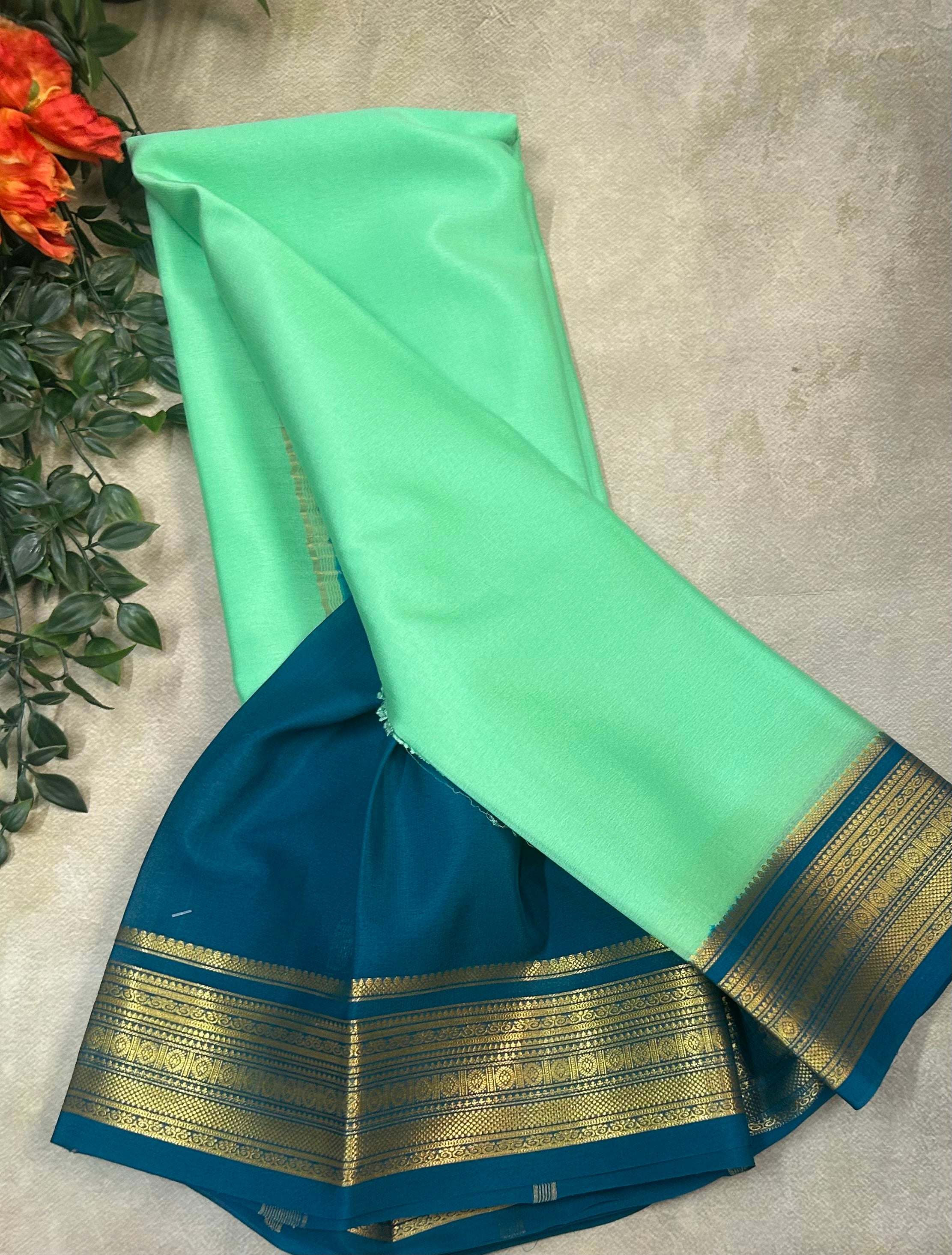 Pastel green n peacock blue  pure Mysore silk saree