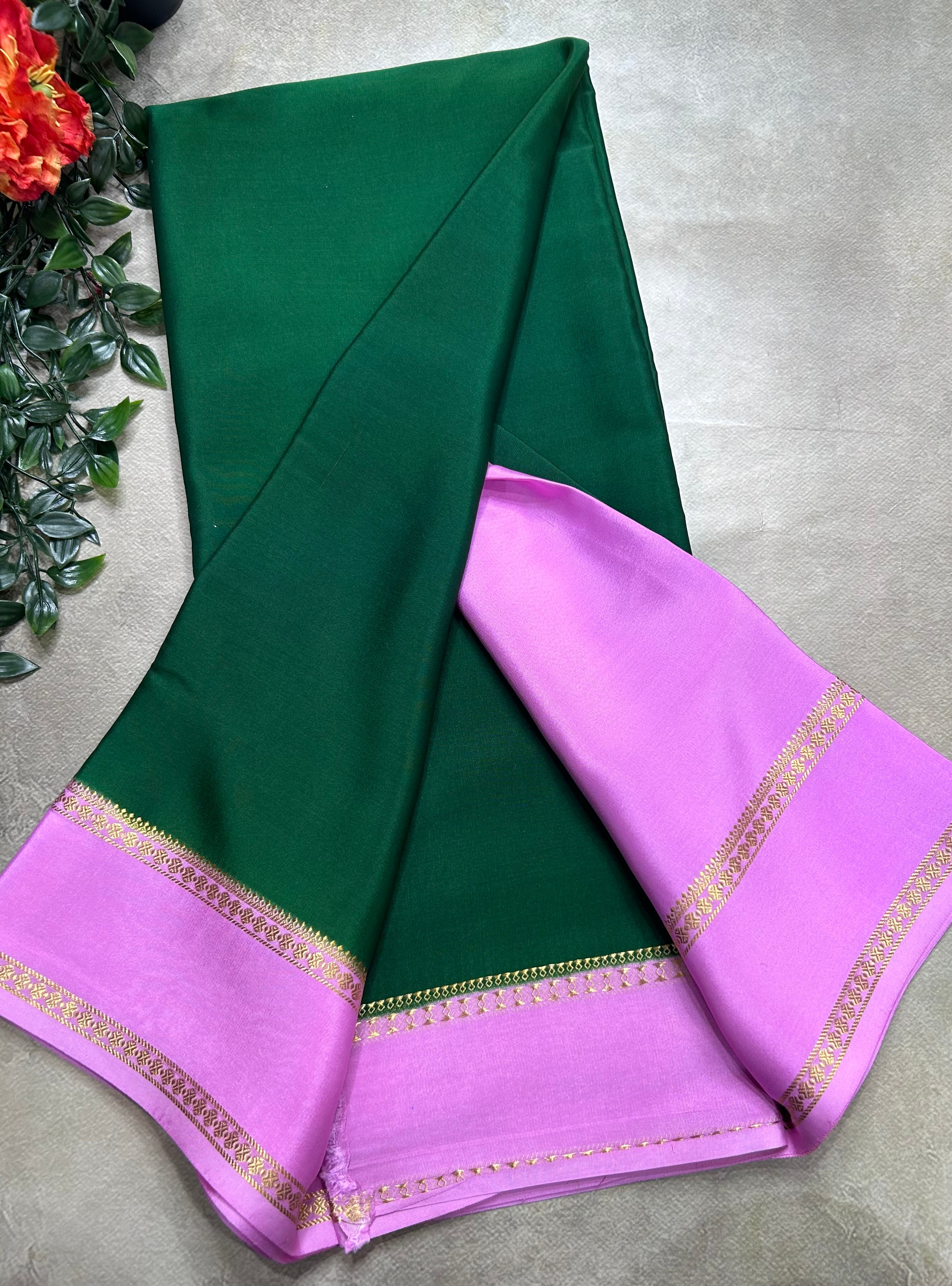 Bottle green n pink plain bentex border pure mysore silk saree(BMS105) (Copy)