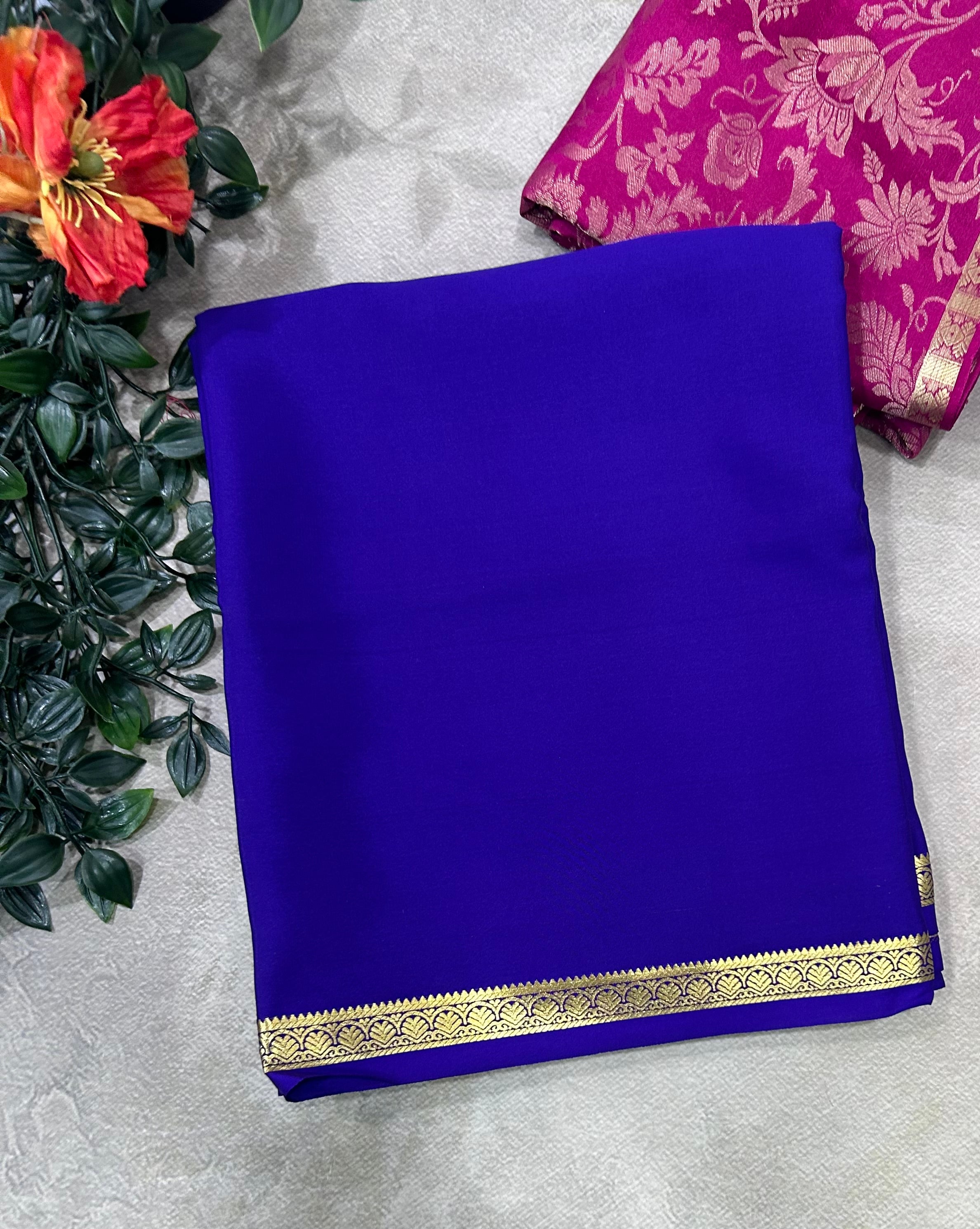 Purple plain pure mysore crepe silk saree with Mysore brocade blouse piece(MSM106)