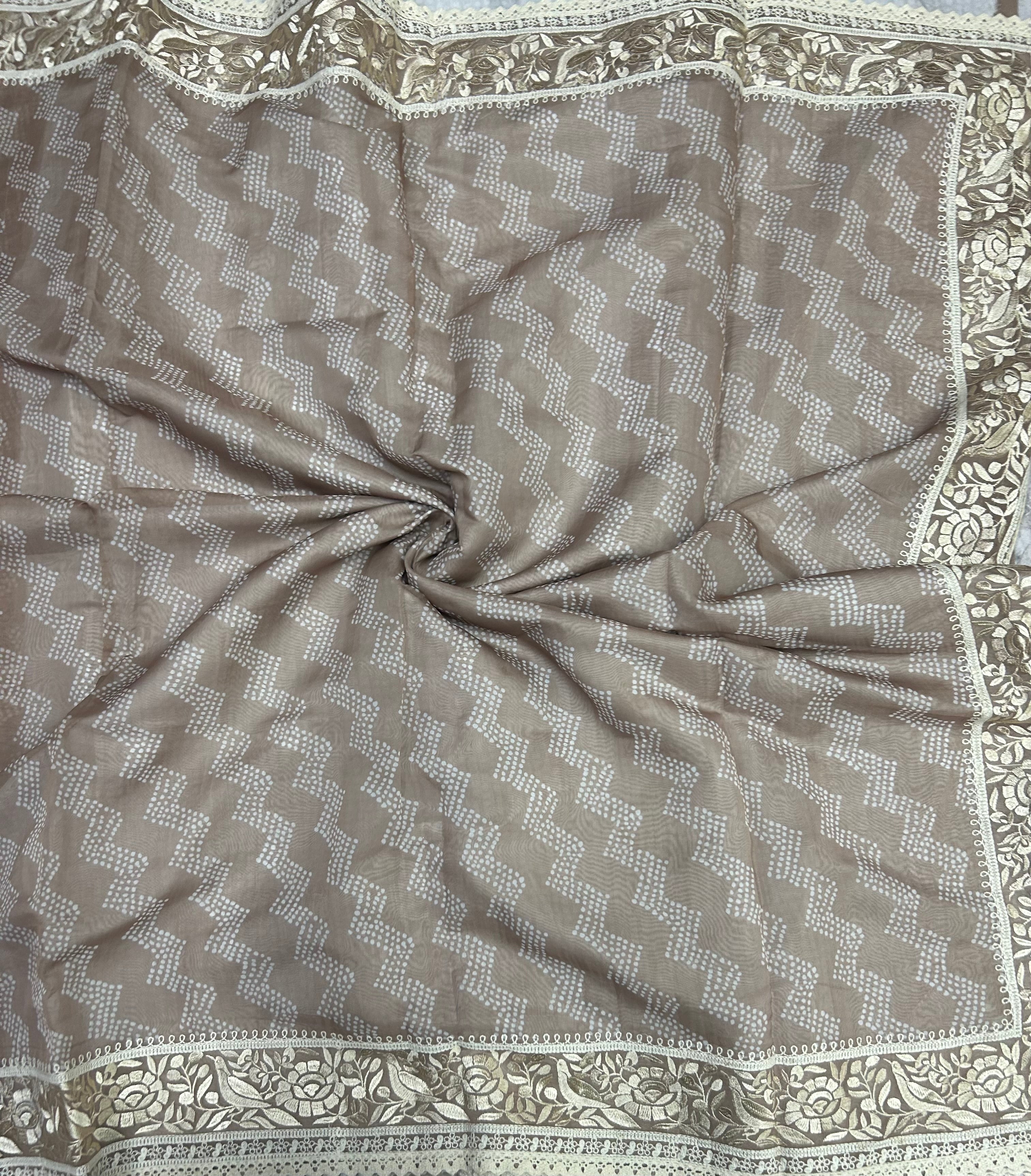 Light brown embroidery work semi organza saree