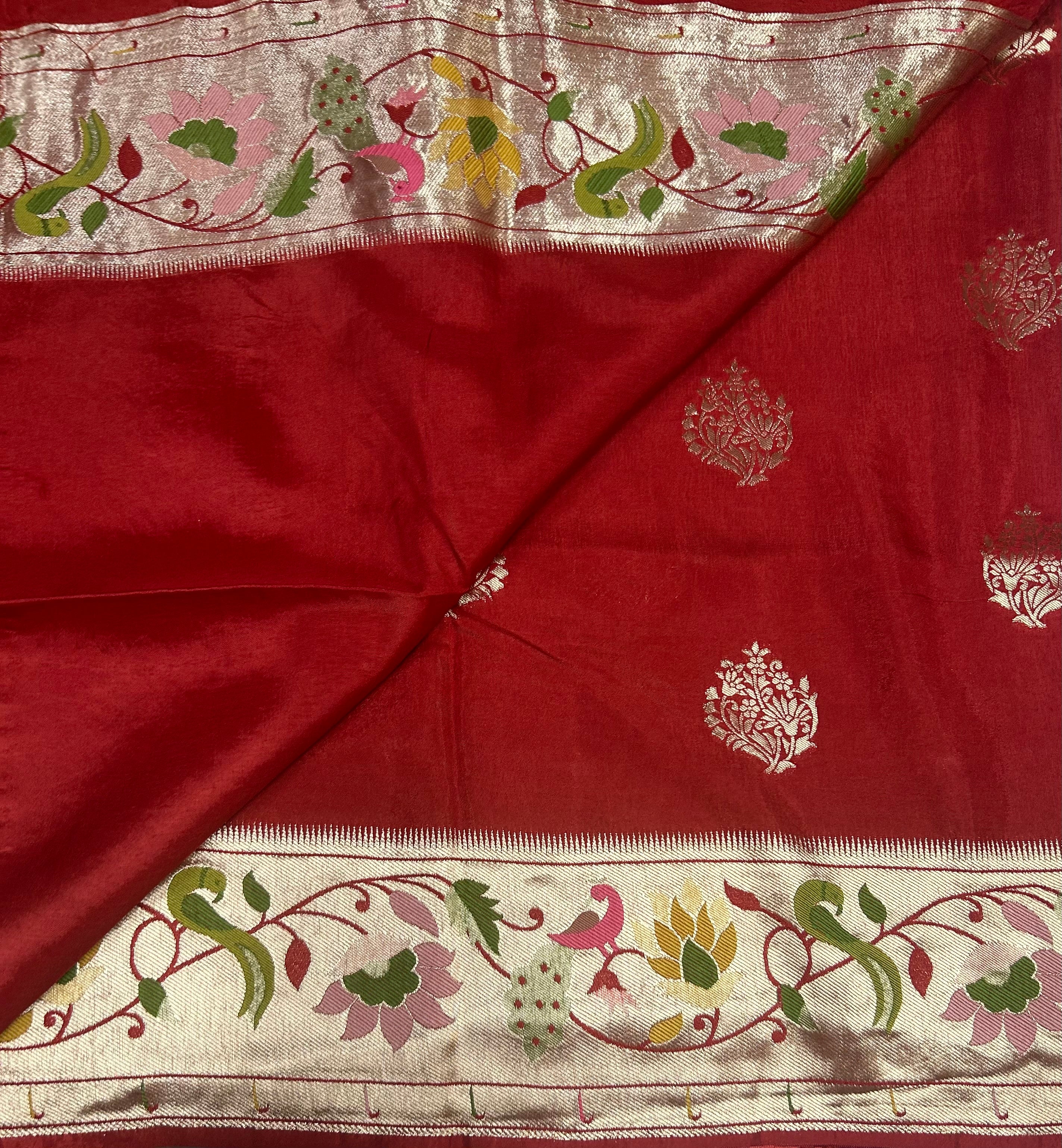 Dark orange Paithani border tussar crepe 105 saree