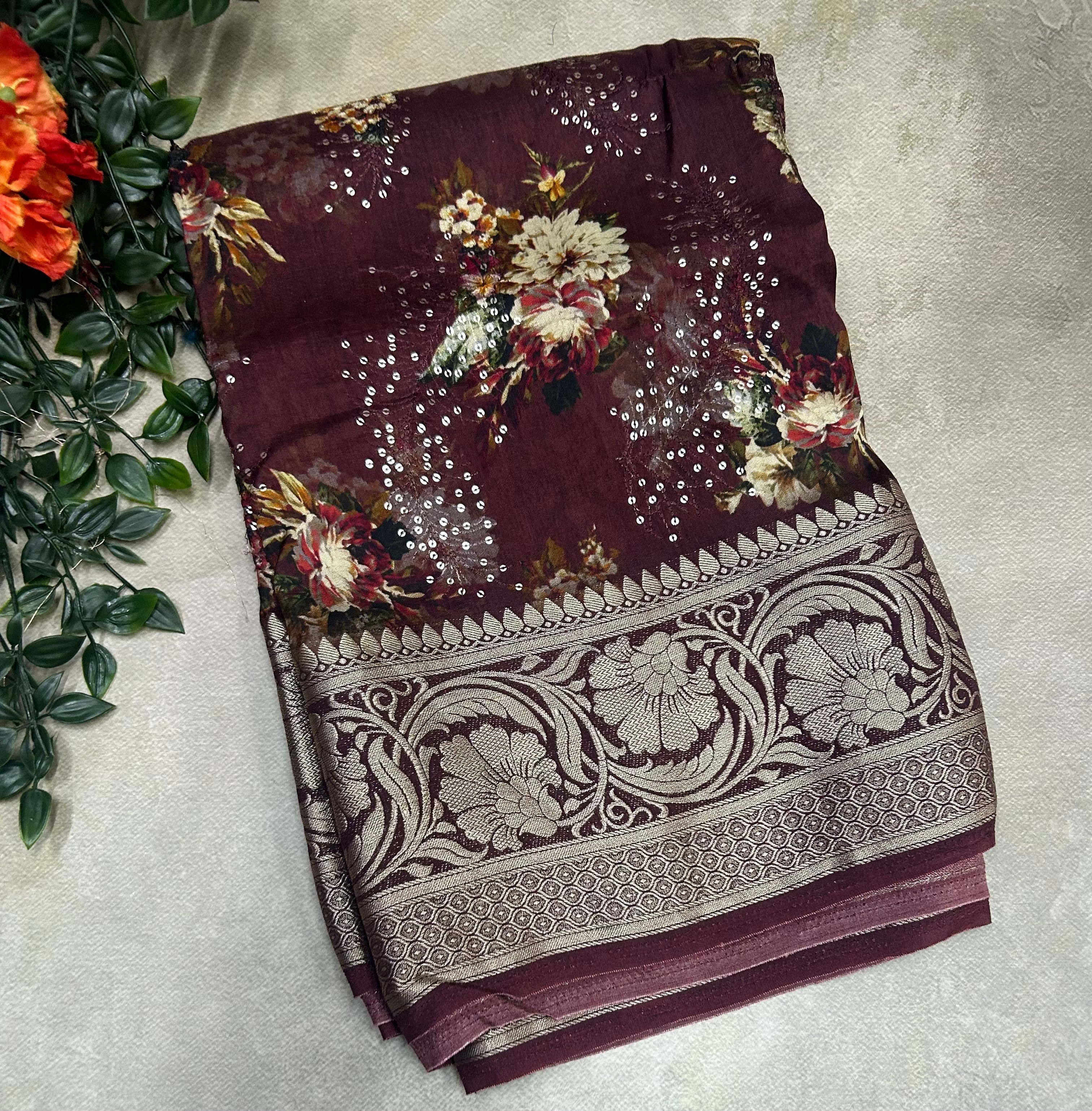 Light brown Digital print Kanchi border Saree