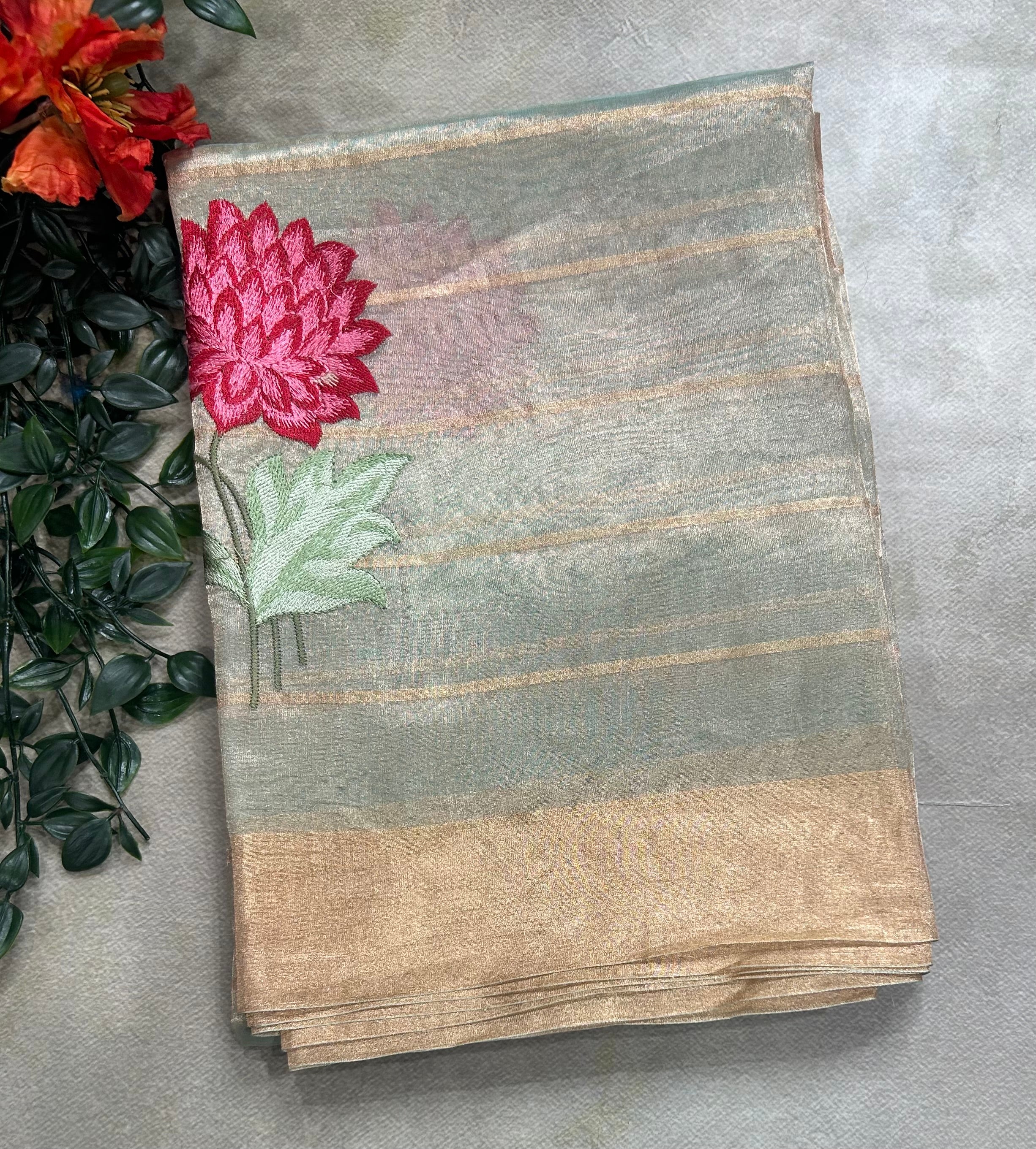 Aqua green floral embroidery work pure tissue organza 105 saree